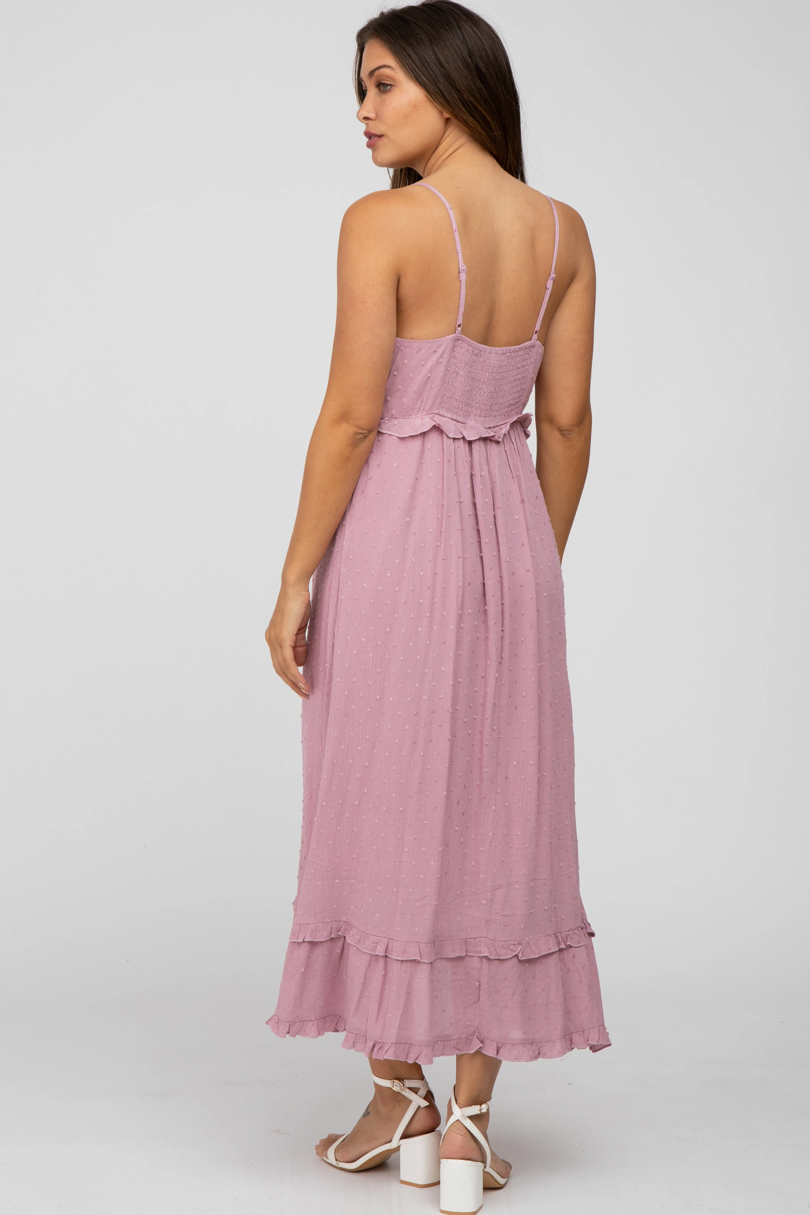 Mauve Swiss Dot Ruffle Accent Maternity Maxi Dress sold by Pinkblush product image thumbnail 3