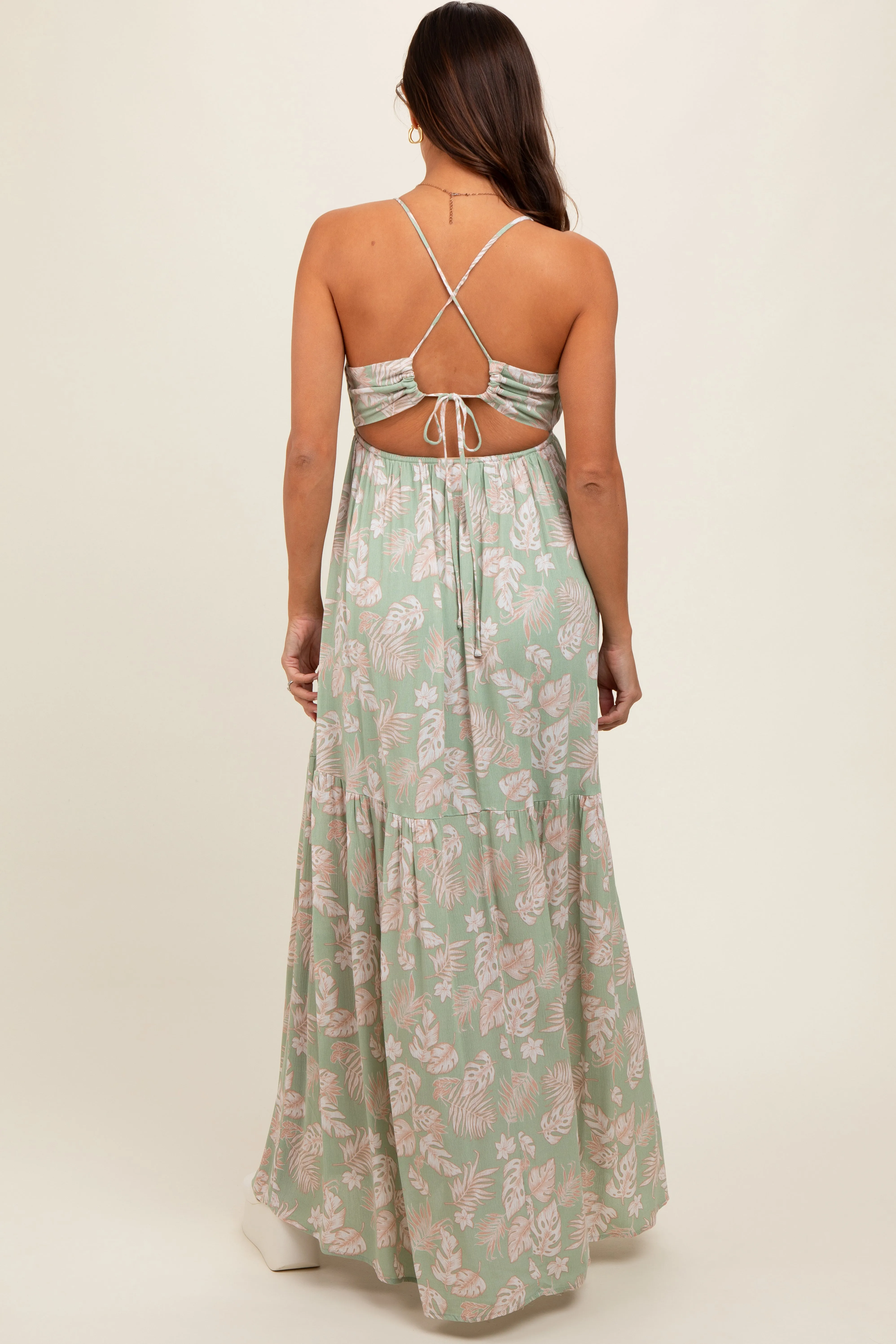 Light Olive Foral Front Cutout Open Cross Back Maternity Maxi Dress sold by Pinkblush product image thumbnail 4