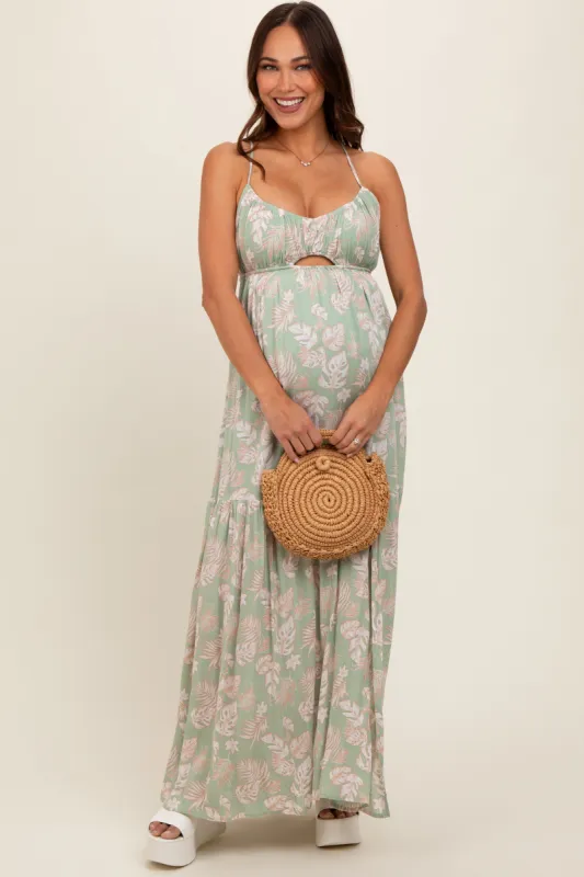 Light Olive Foral Front Cutout Open Cross Back Maternity Maxi Dress sold by Pinkblush