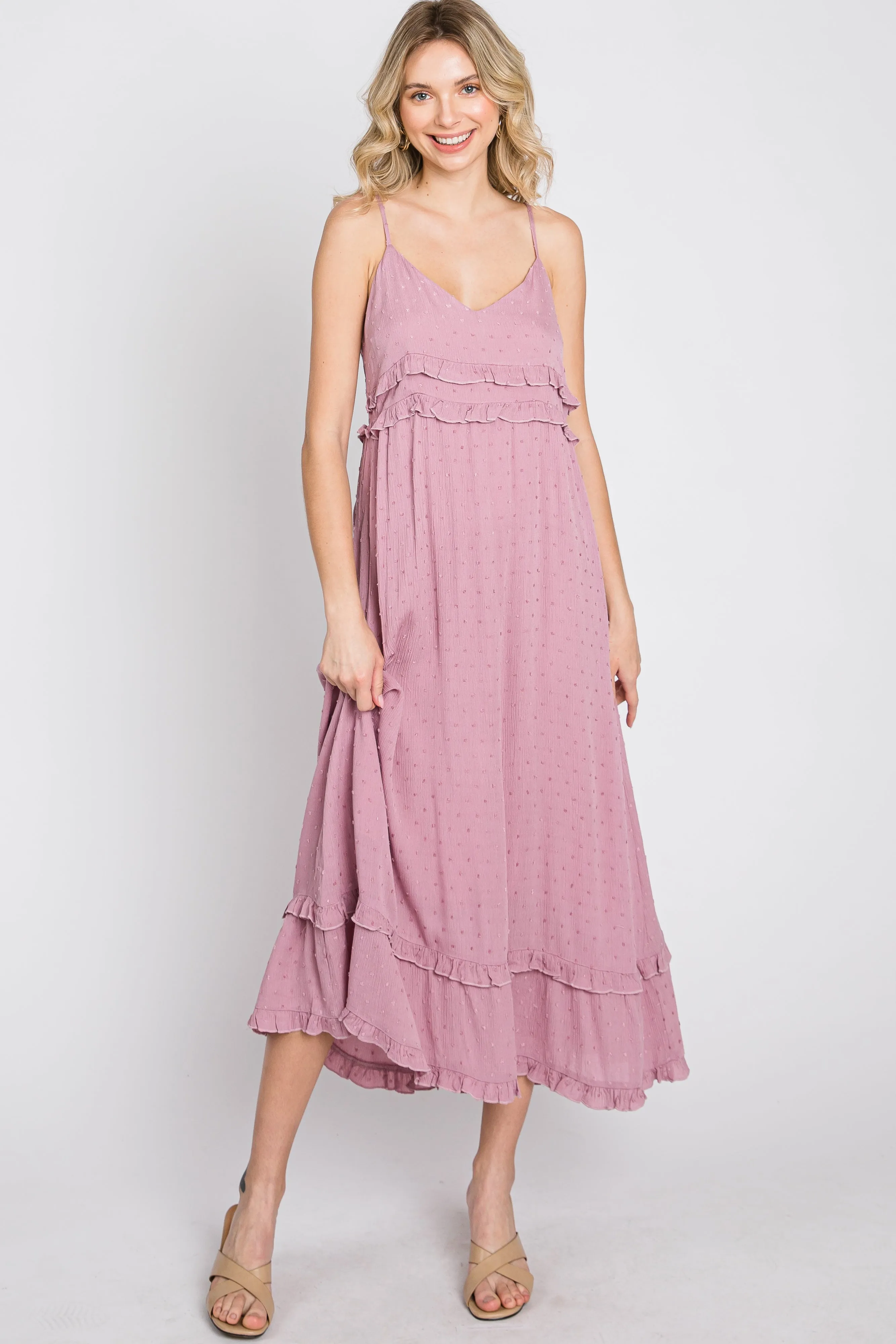 Mauve Swiss Dot Ruffle Accent Maternity Maxi Dress sold by Pinkblush product image thumbnail 4