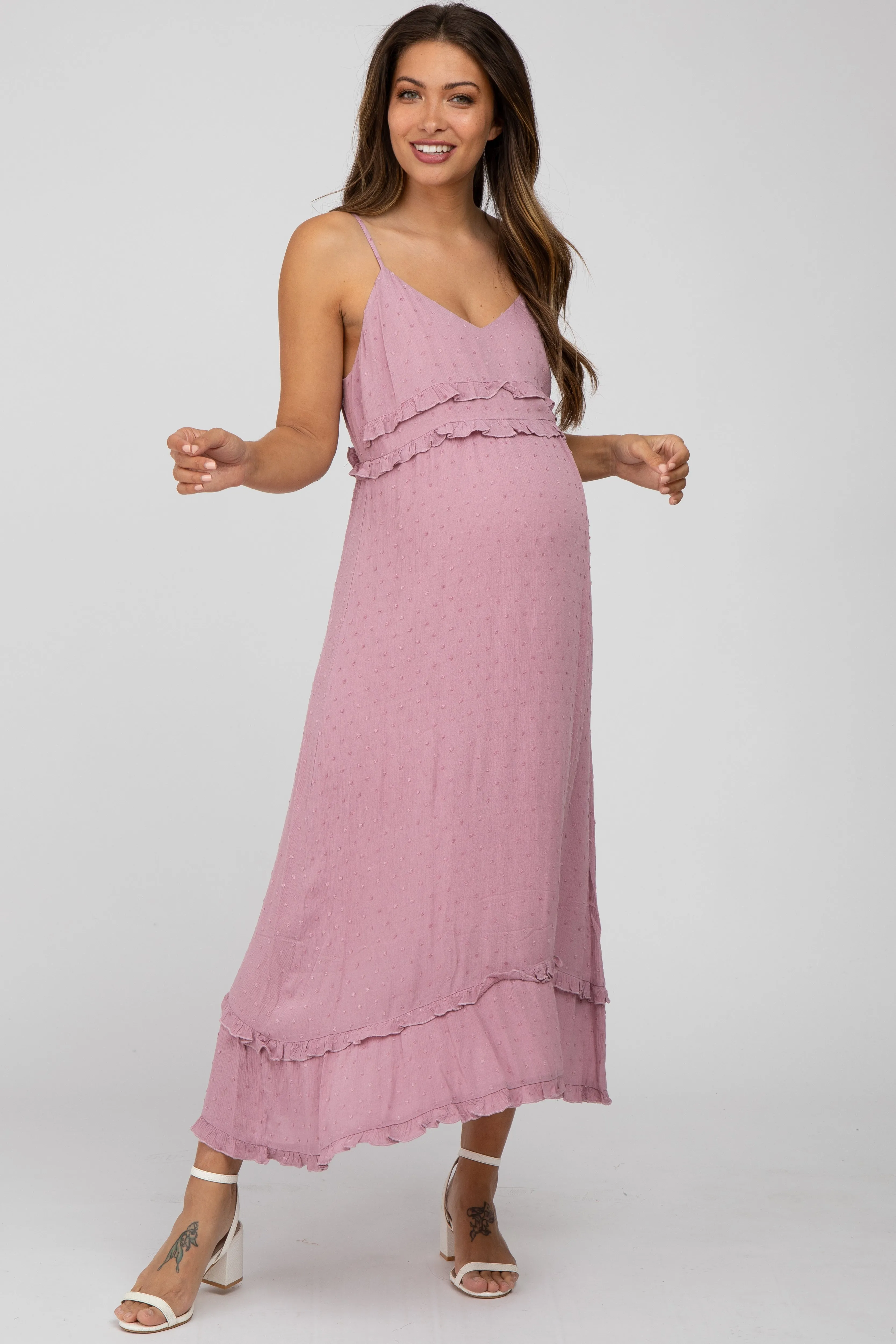 Mauve Swiss Dot Ruffle Accent Maternity Maxi Dress sold by Pinkblush