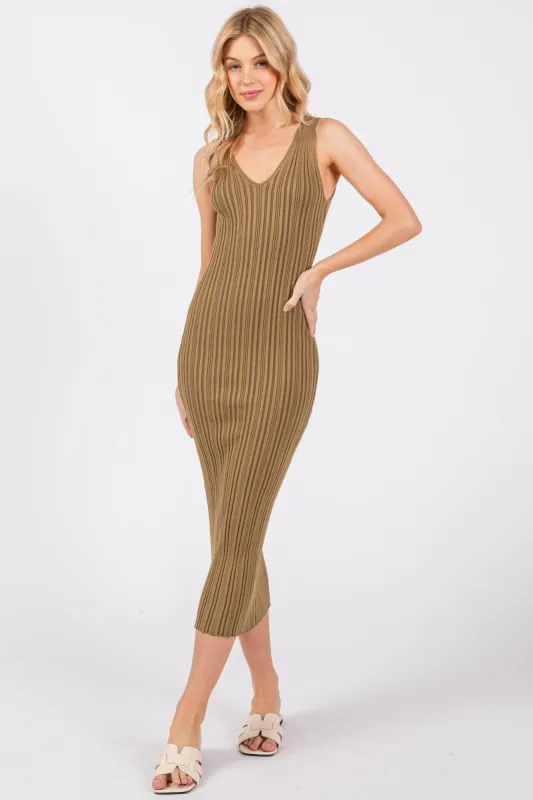 Mocha V Neck Sleeveless Knit Midi Dress sold by Pinkblush