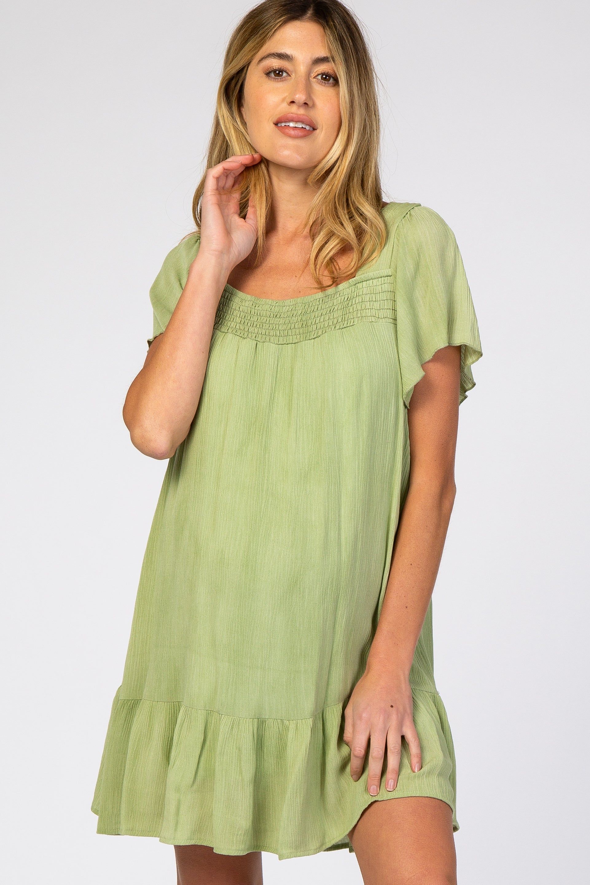 Light Olive Smocked Ruffle Maternity Dress sold by Pinkblush