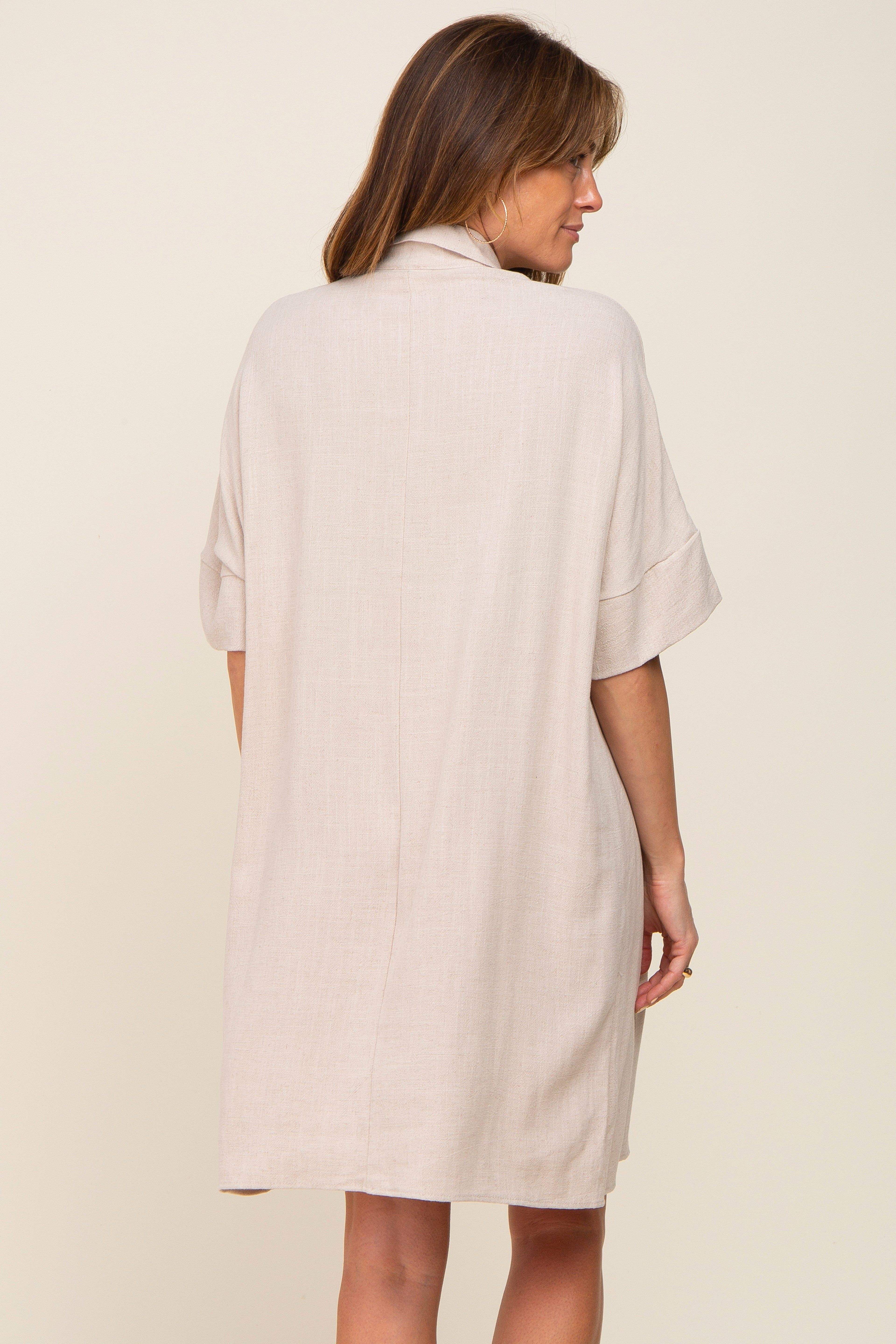 Beige Linen Front Button Collared Dress sold by Pinkblush product image thumbnail 3