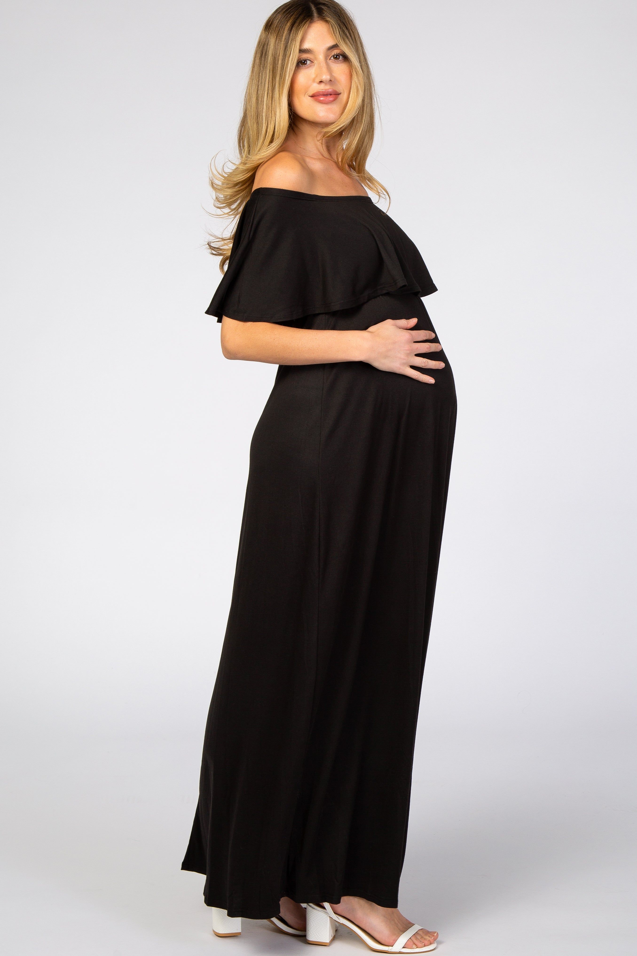 Black Off Shoulder Maxi Maternity Dress sold by Pinkblush product image thumbnail 2
