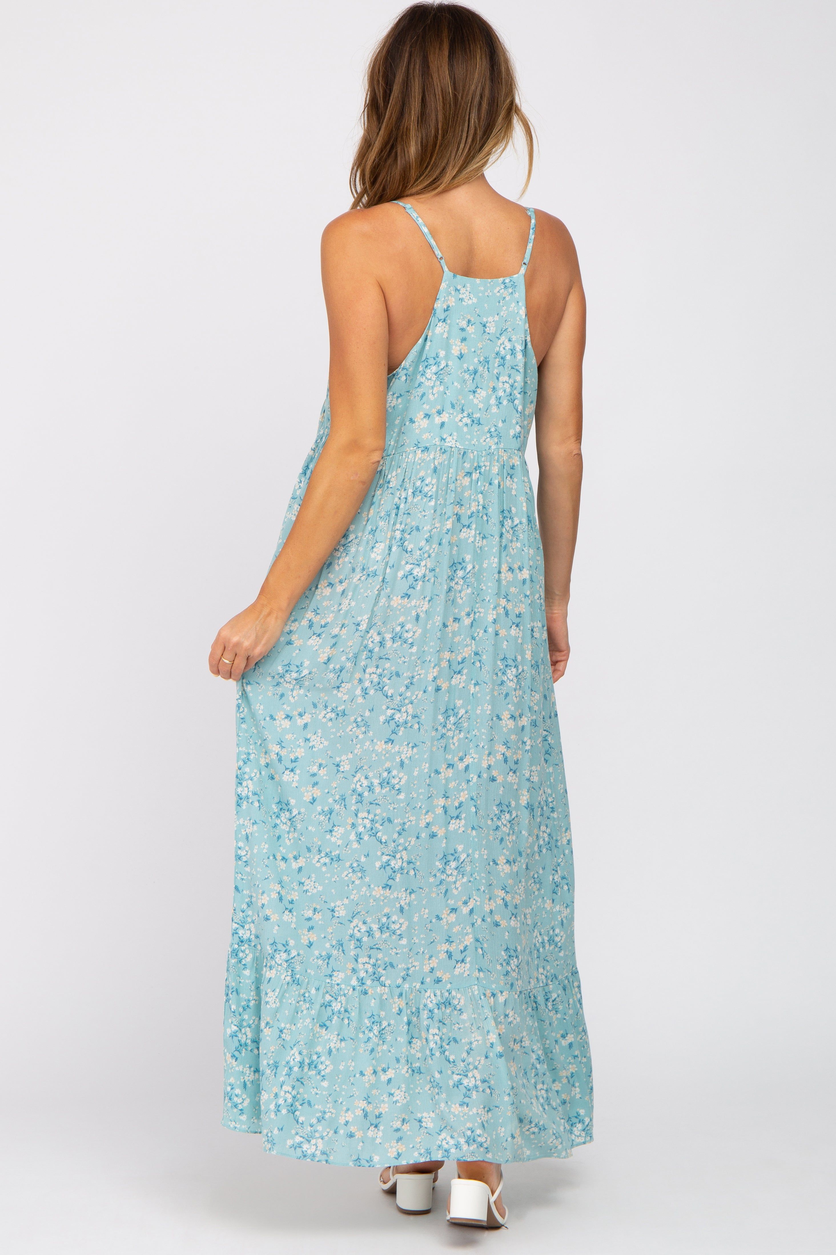Light Blue Floral Sleeveless Ruffle Hem Maxi Dress sold by Pinkblush product image thumbnail 3