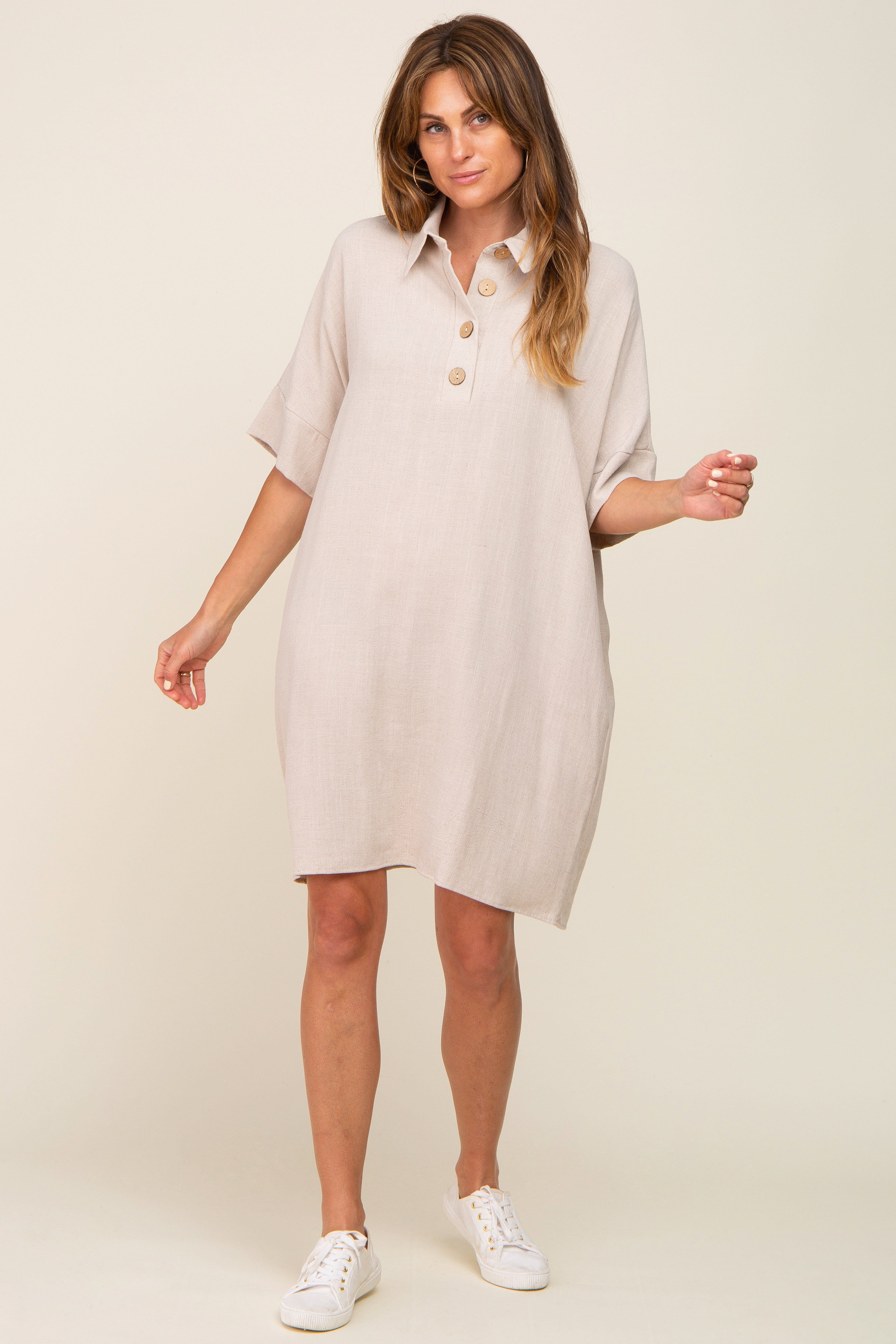 Beige Linen Front Button Collared Dress sold by Pinkblush product image thumbnail 4