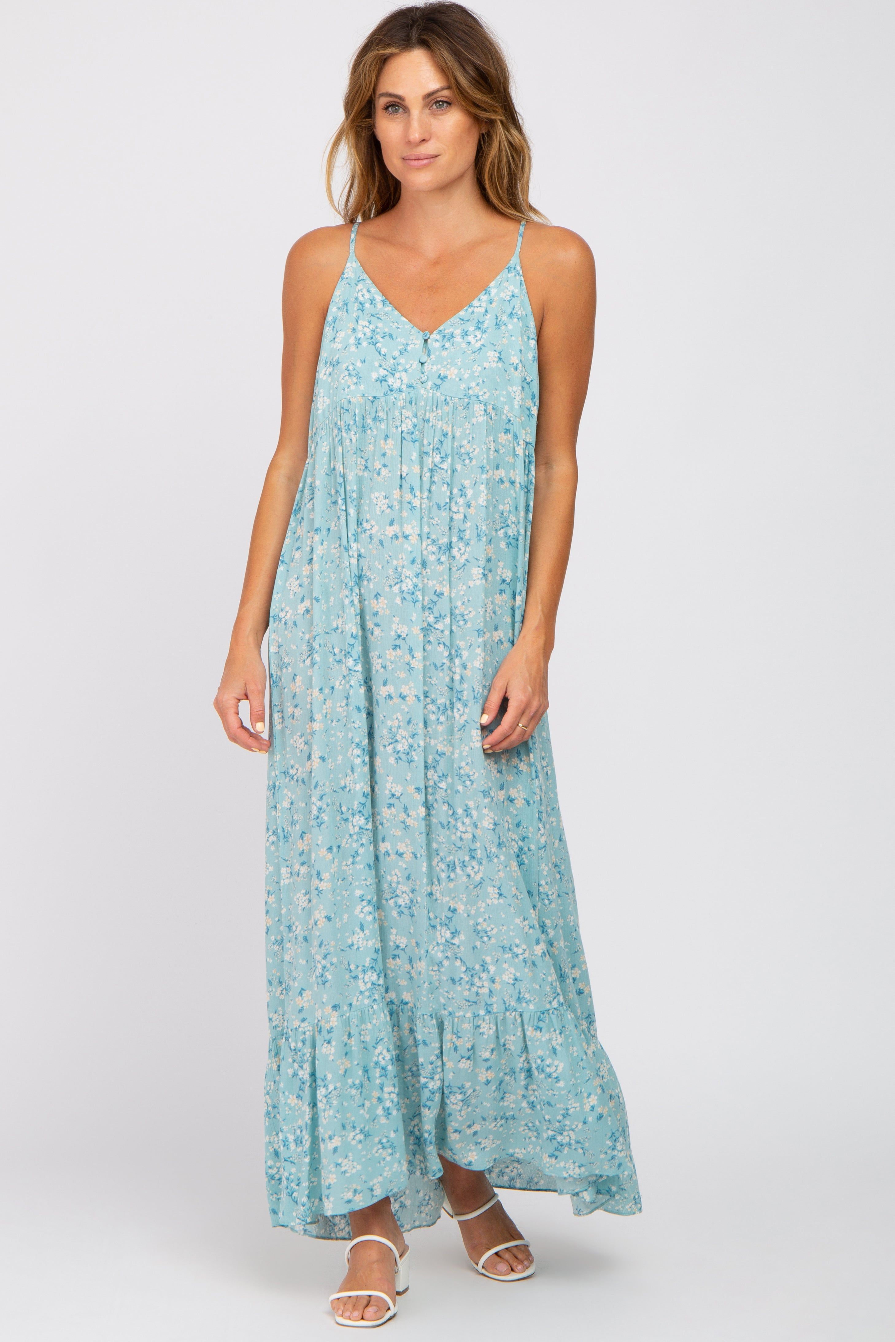 Light Blue Floral Sleeveless Ruffle Hem Maxi Dress sold by Pinkblush