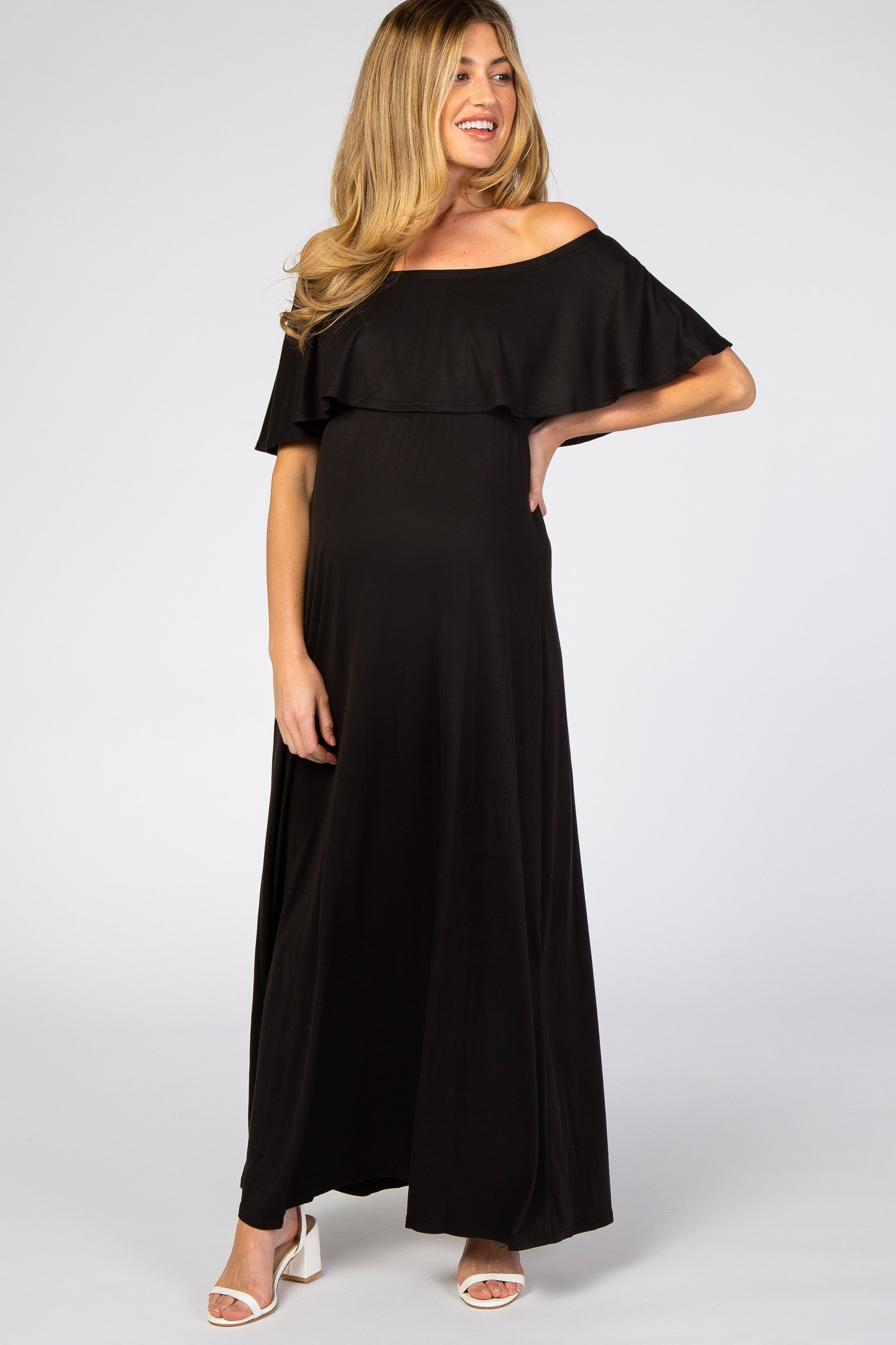 Black Off Shoulder Maxi Maternity Dress sold by Pinkblush