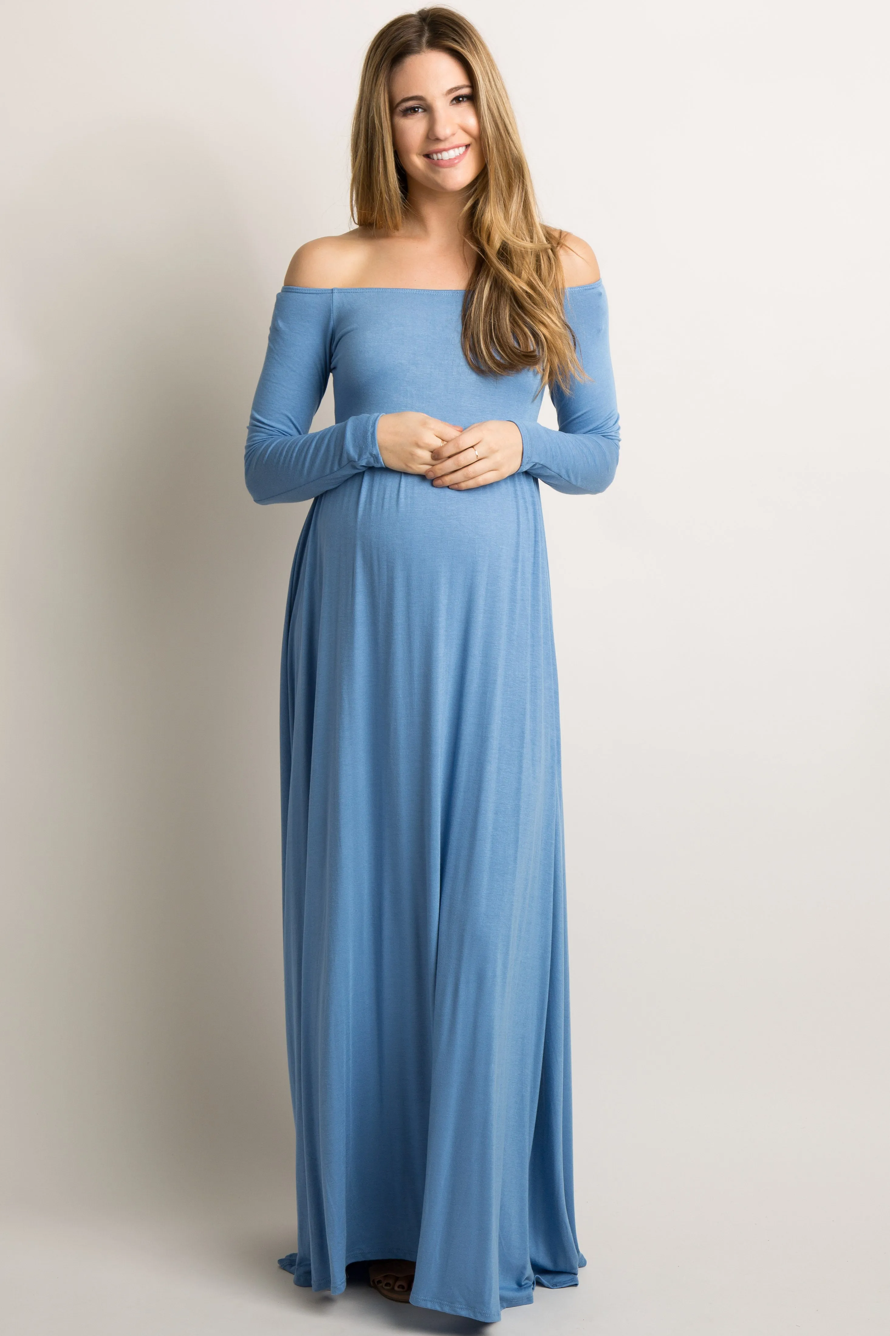 PinkBlush Petite Blue Solid Off Shoulder Maternity Maxi Dress sold by Pinkblush