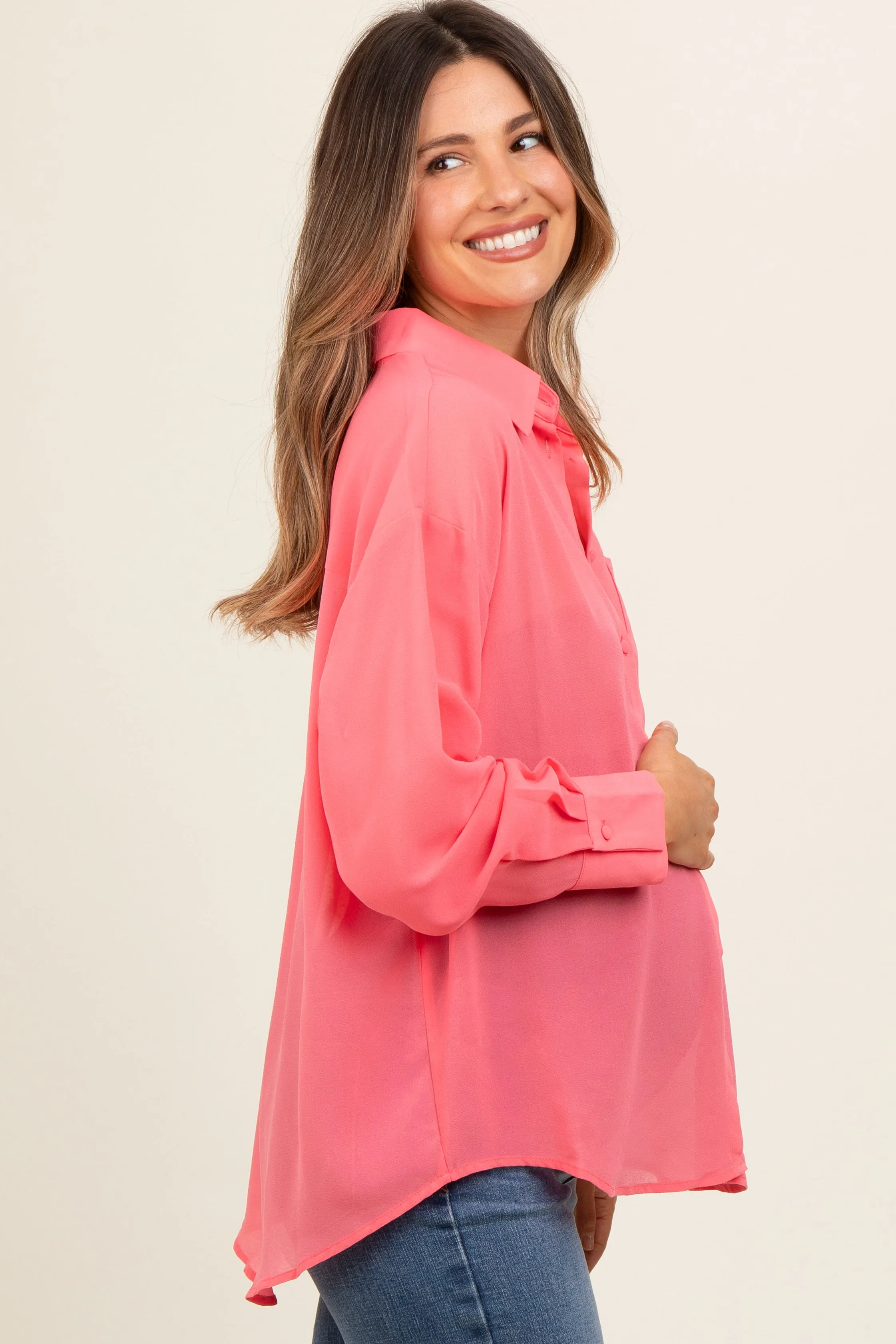 Coral Pink Sheer Button Down Maternity Blouse sold by Pinkblush product image thumbnail 2