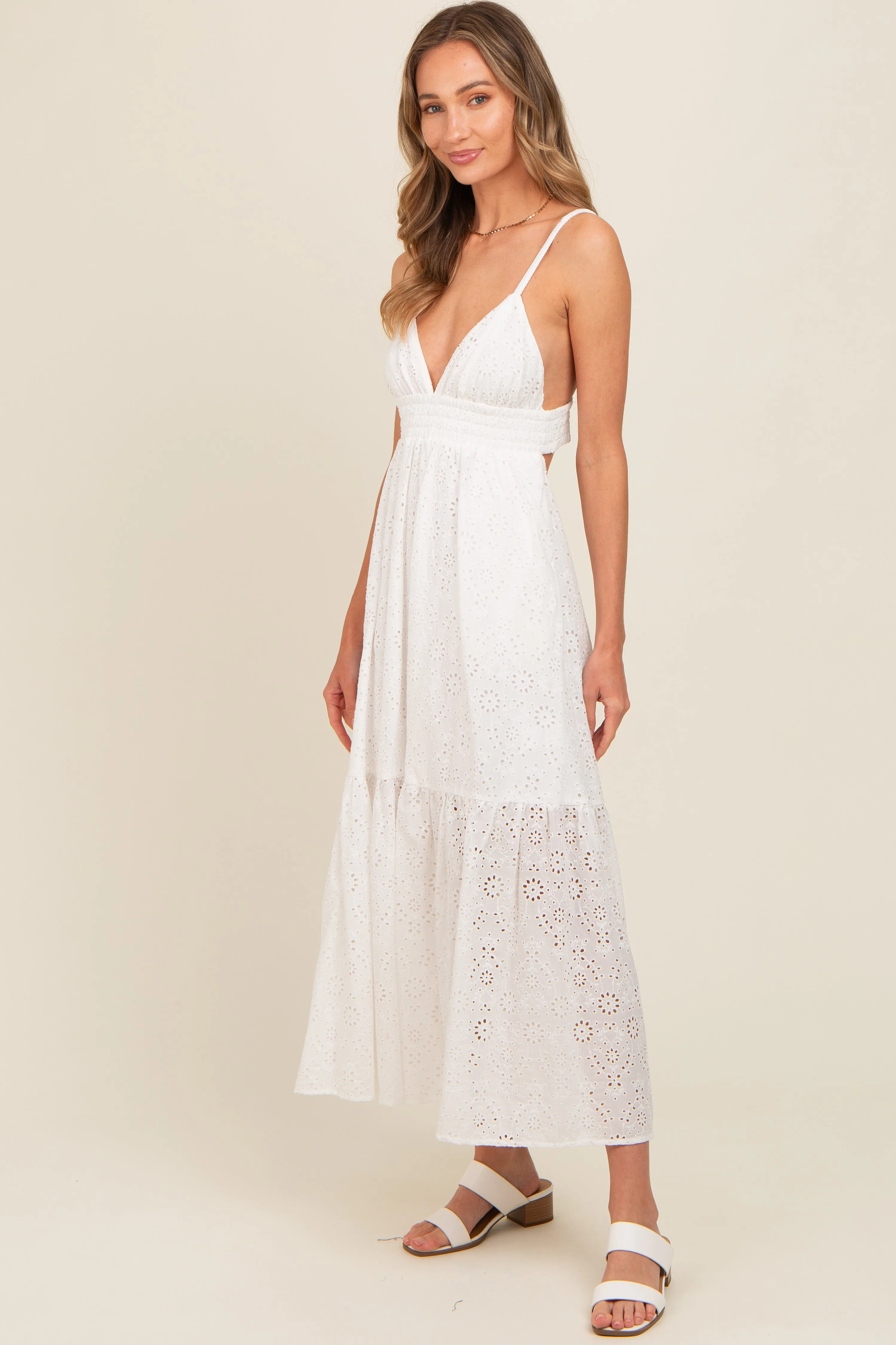 Ivory Eyelet Lace Smocked Cutout Maxi Dress sold by Pinkblush product image thumbnail 3