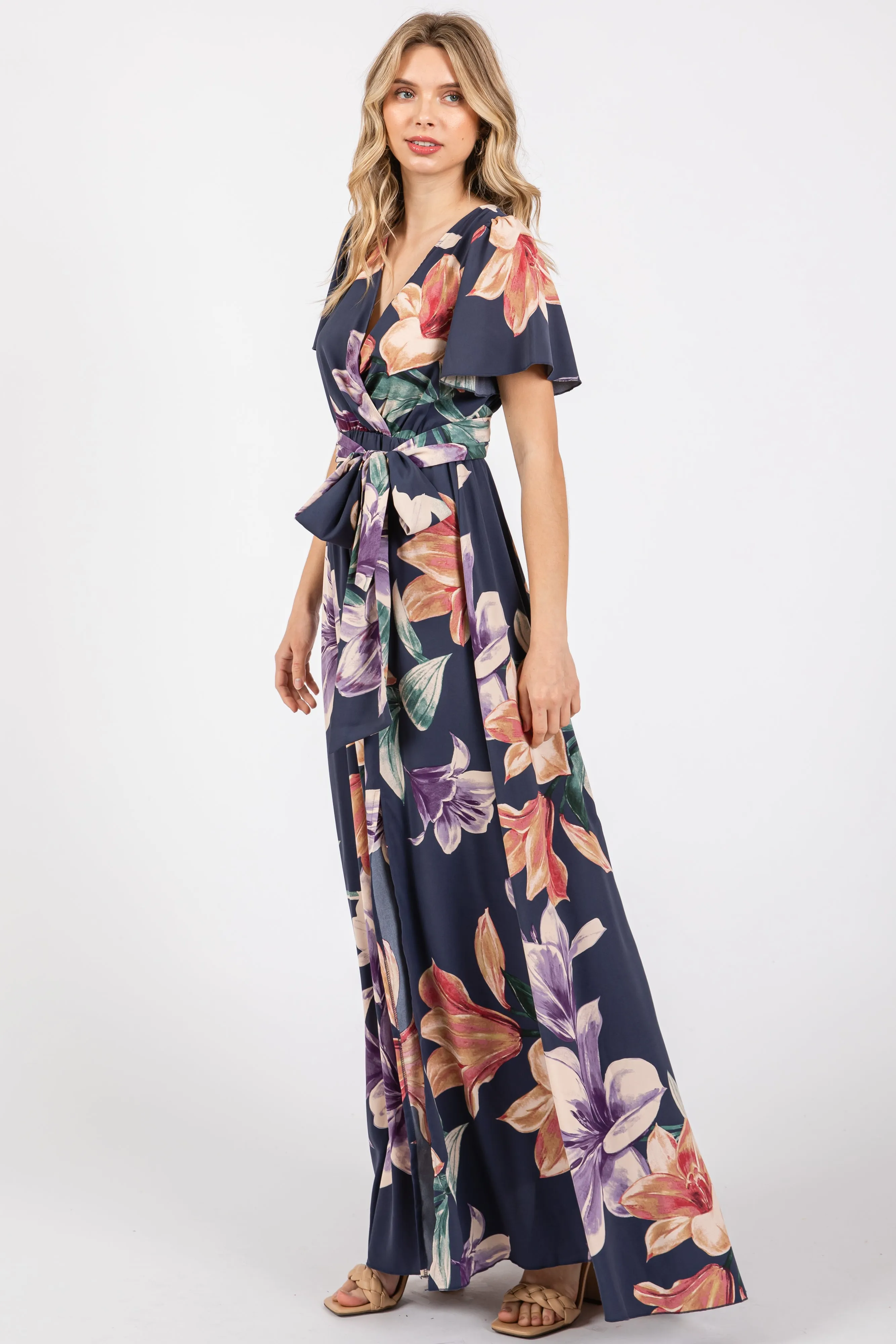 Navy Floral Wrap V-Neck Maxi Dress sold by Pinkblush product image thumbnail 2