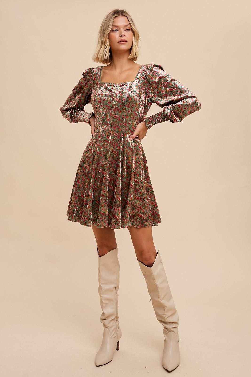 Emerald Floral Velvet Floral Square Neck Mini Dress sold by Pinkblush product image thumbnail 5