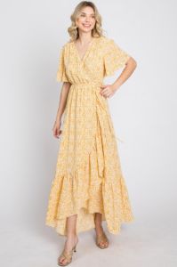 Yellow Floral Wrap Midi Dress sold by Pinkblush