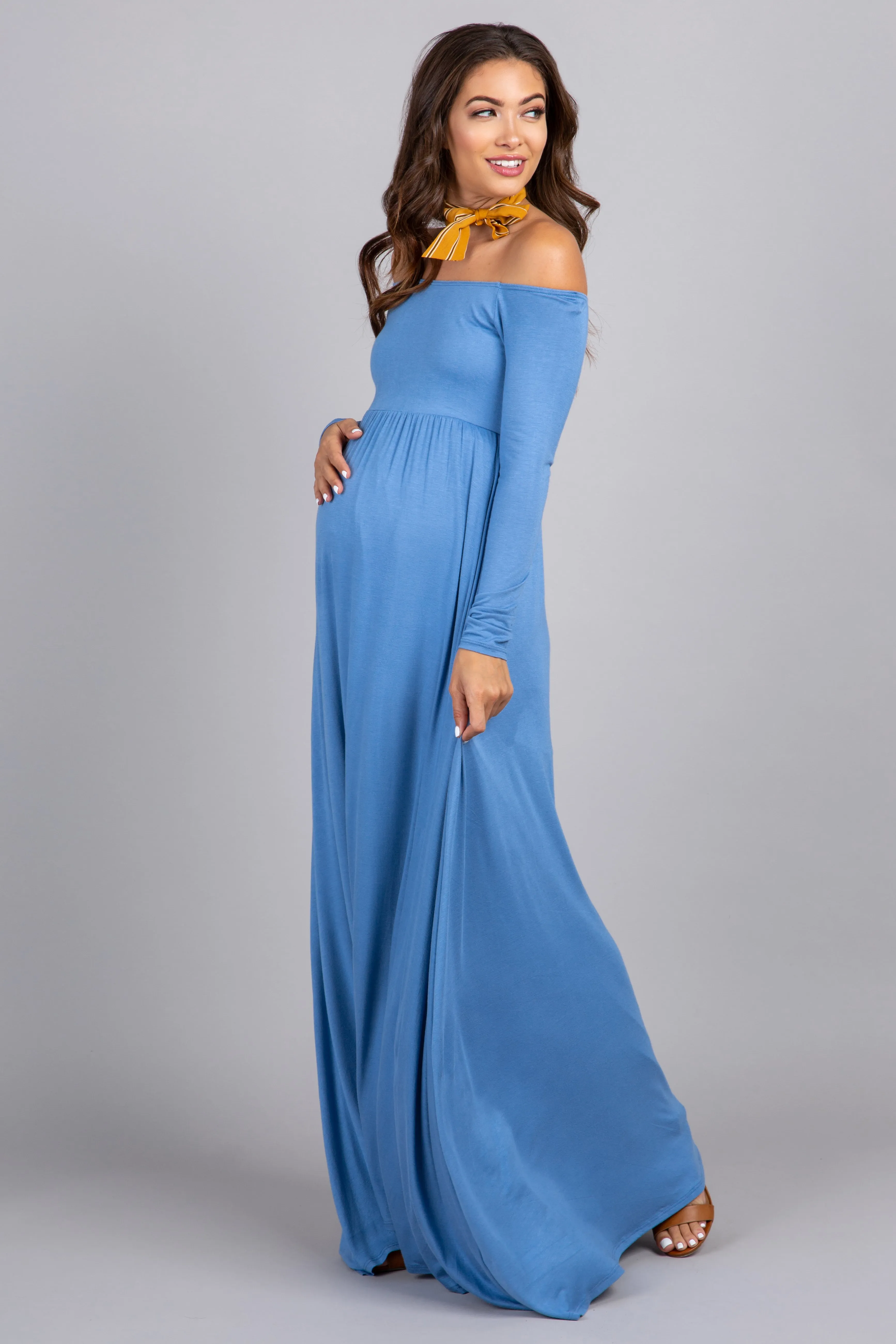 PinkBlush Petite Blue Solid Off Shoulder Maternity Maxi Dress sold by Pinkblush product image thumbnail 5
