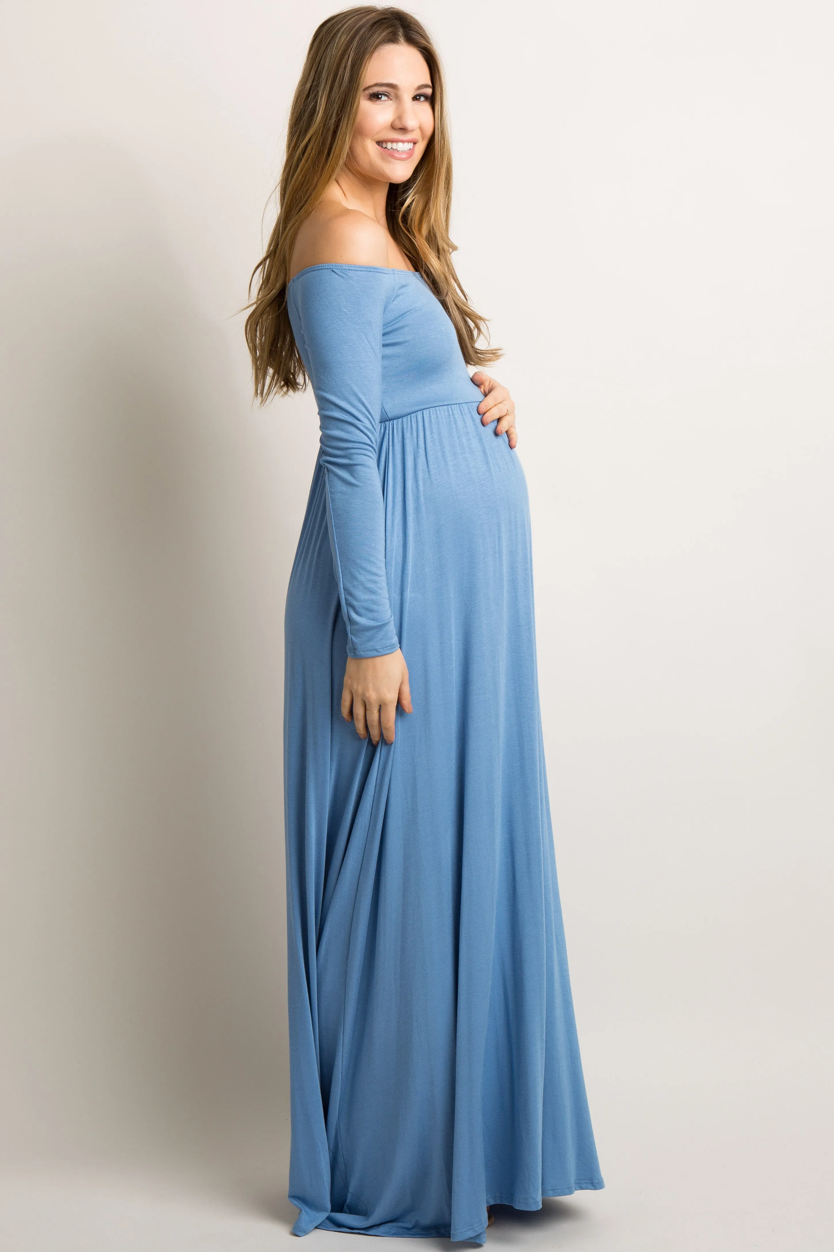 PinkBlush Petite Blue Solid Off Shoulder Maternity Maxi Dress sold by Pinkblush product image thumbnail 2