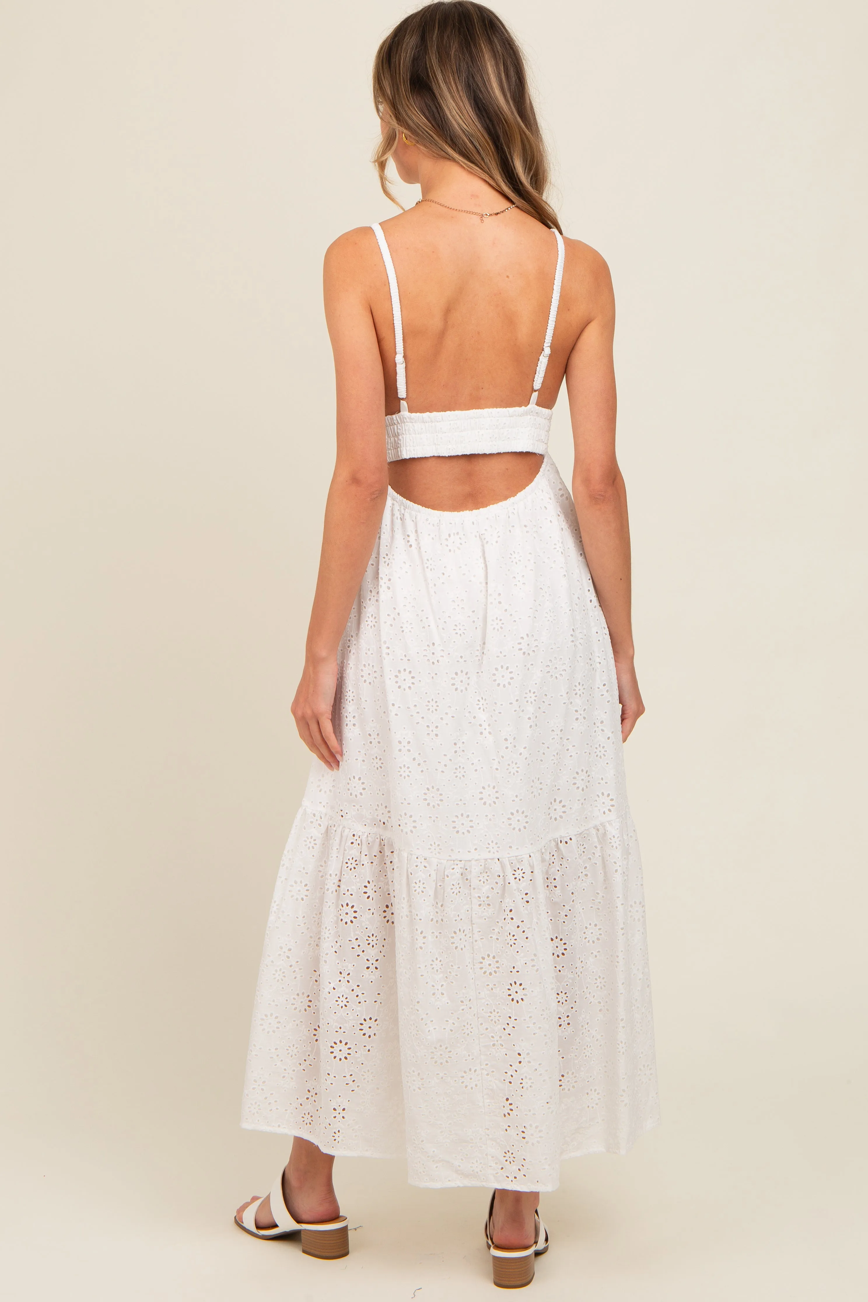 Ivory Eyelet Lace Smocked Cutout Maxi Dress sold by Pinkblush product image thumbnail 4