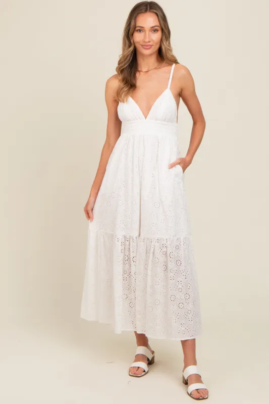 Ivory Eyelet Lace Smocked Cutout Maxi Dress sold by Pinkblush
