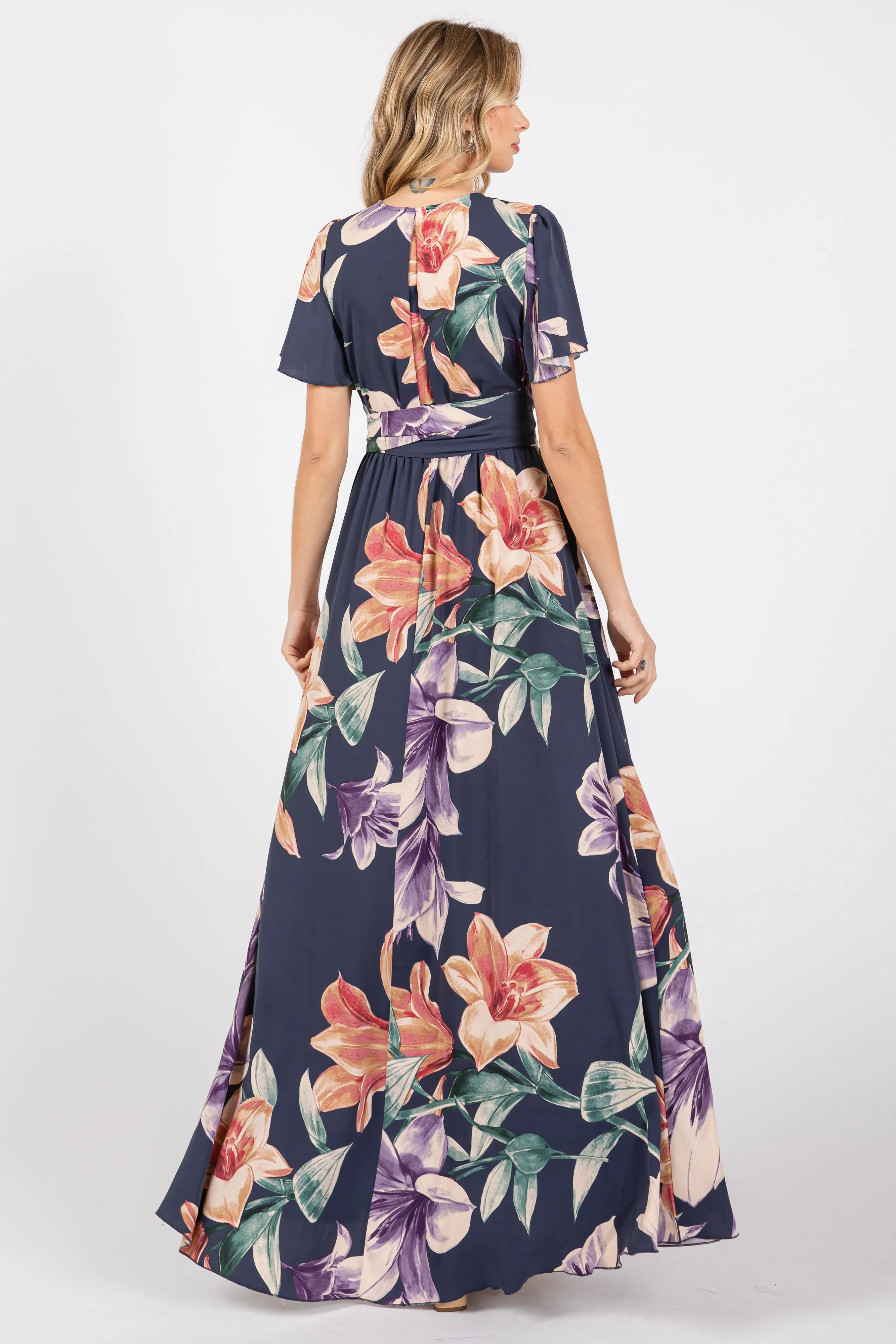 Navy Floral Wrap V-Neck Maxi Dress sold by Pinkblush product image thumbnail 3