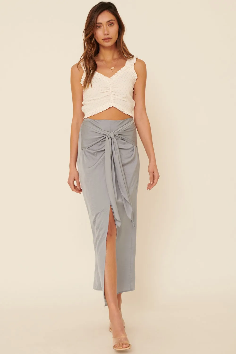 Faded Denim Woven Tie Waist Front Slit Straight Maxi Skirt sold by Pinkblush product image thumbnail 3