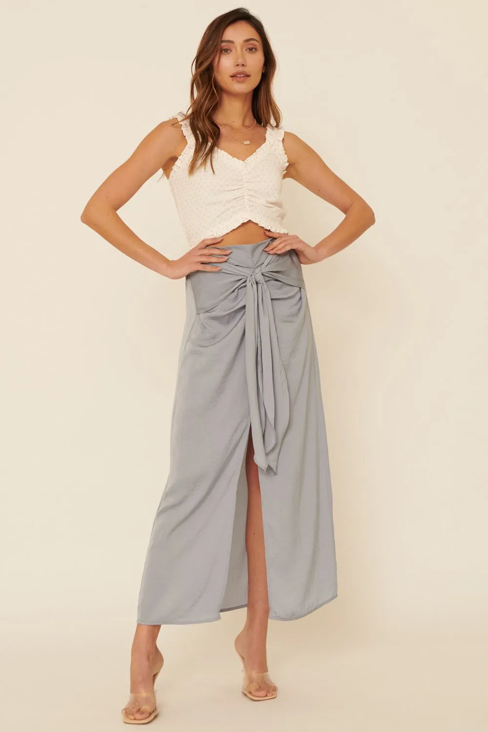 Faded Denim Woven Tie Waist Front Slit Straight Maxi Skirt sold by Pinkblush