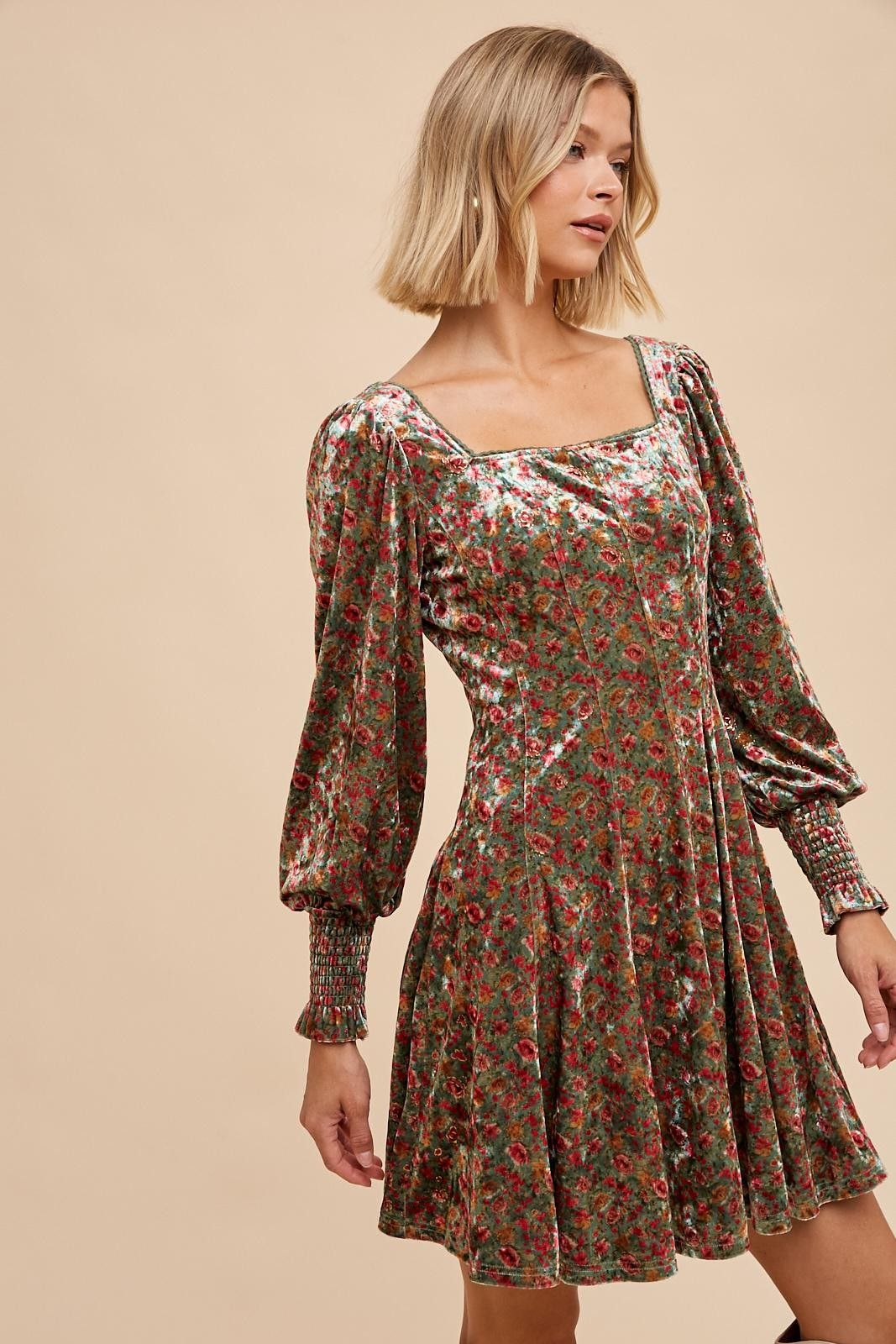 Emerald Floral Velvet Floral Square Neck Mini Dress sold by Pinkblush product image thumbnail 3