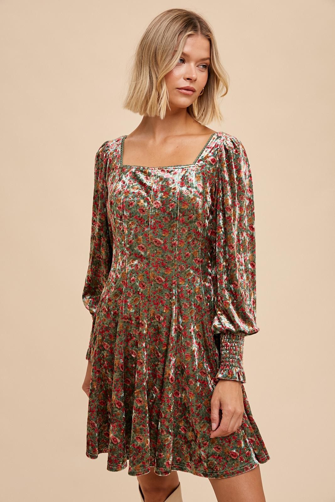 Emerald Floral Velvet Floral Square Neck Mini Dress sold by Pinkblush