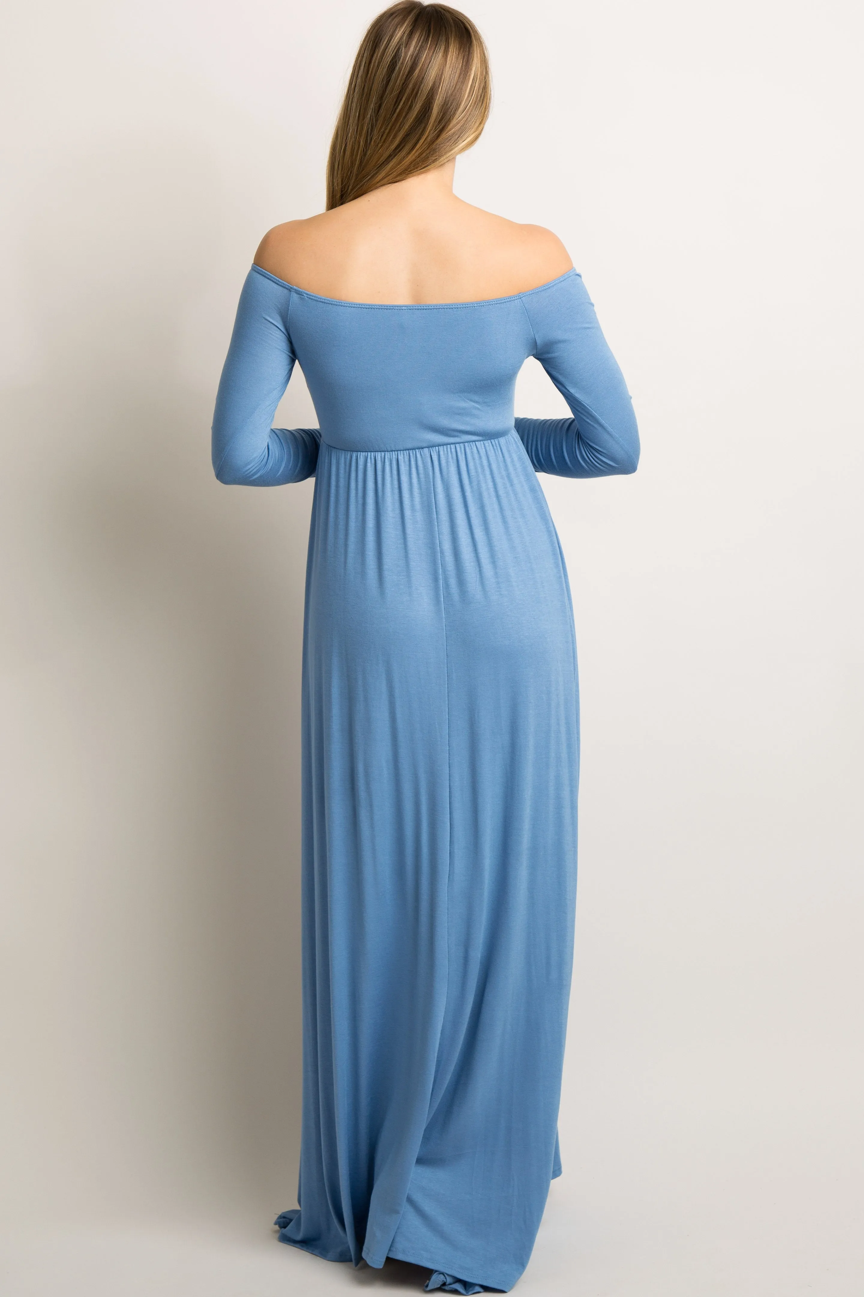 PinkBlush Petite Blue Solid Off Shoulder Maternity Maxi Dress sold by Pinkblush product image thumbnail 3