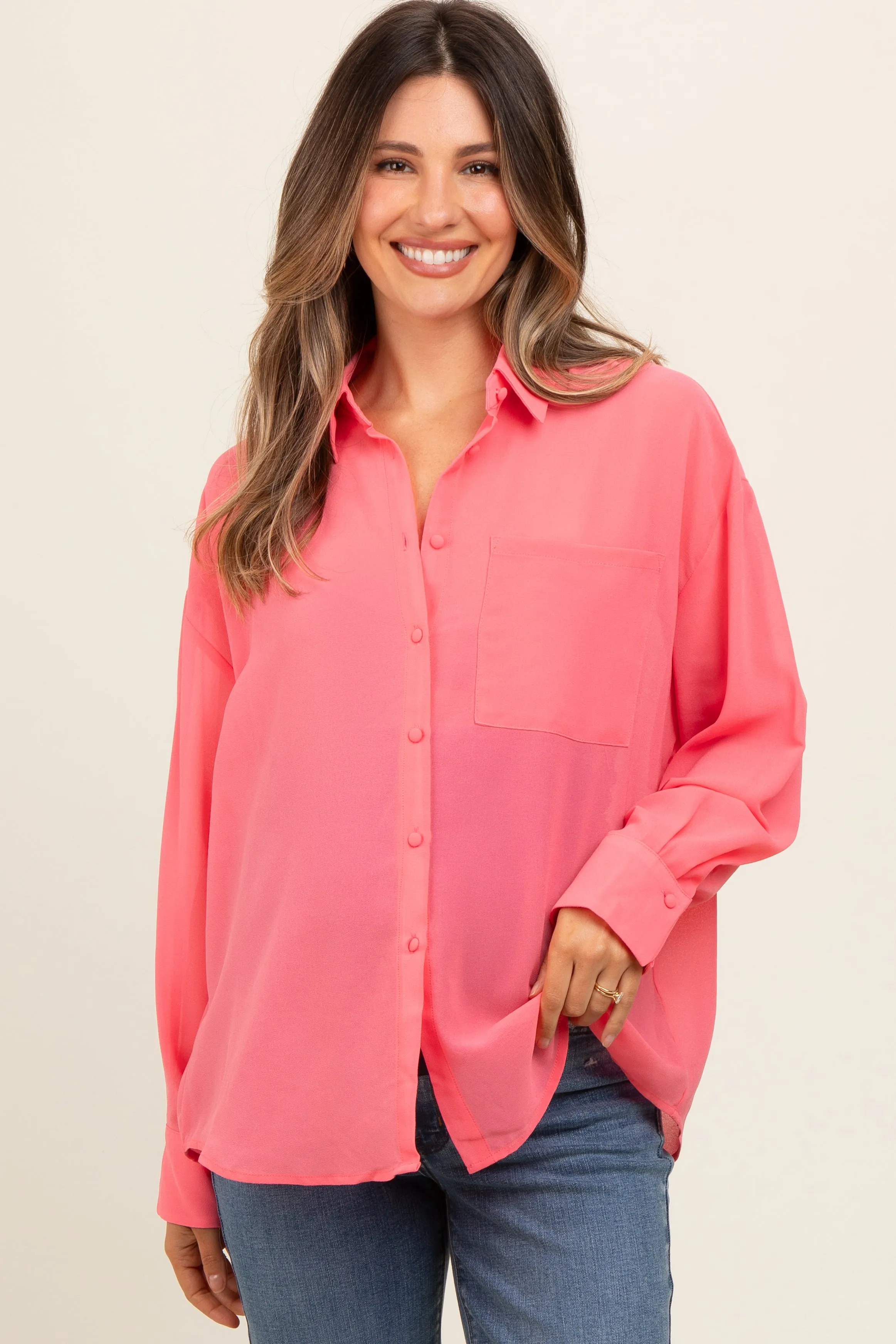 Coral Pink Sheer Button Down Maternity Blouse sold by Pinkblush