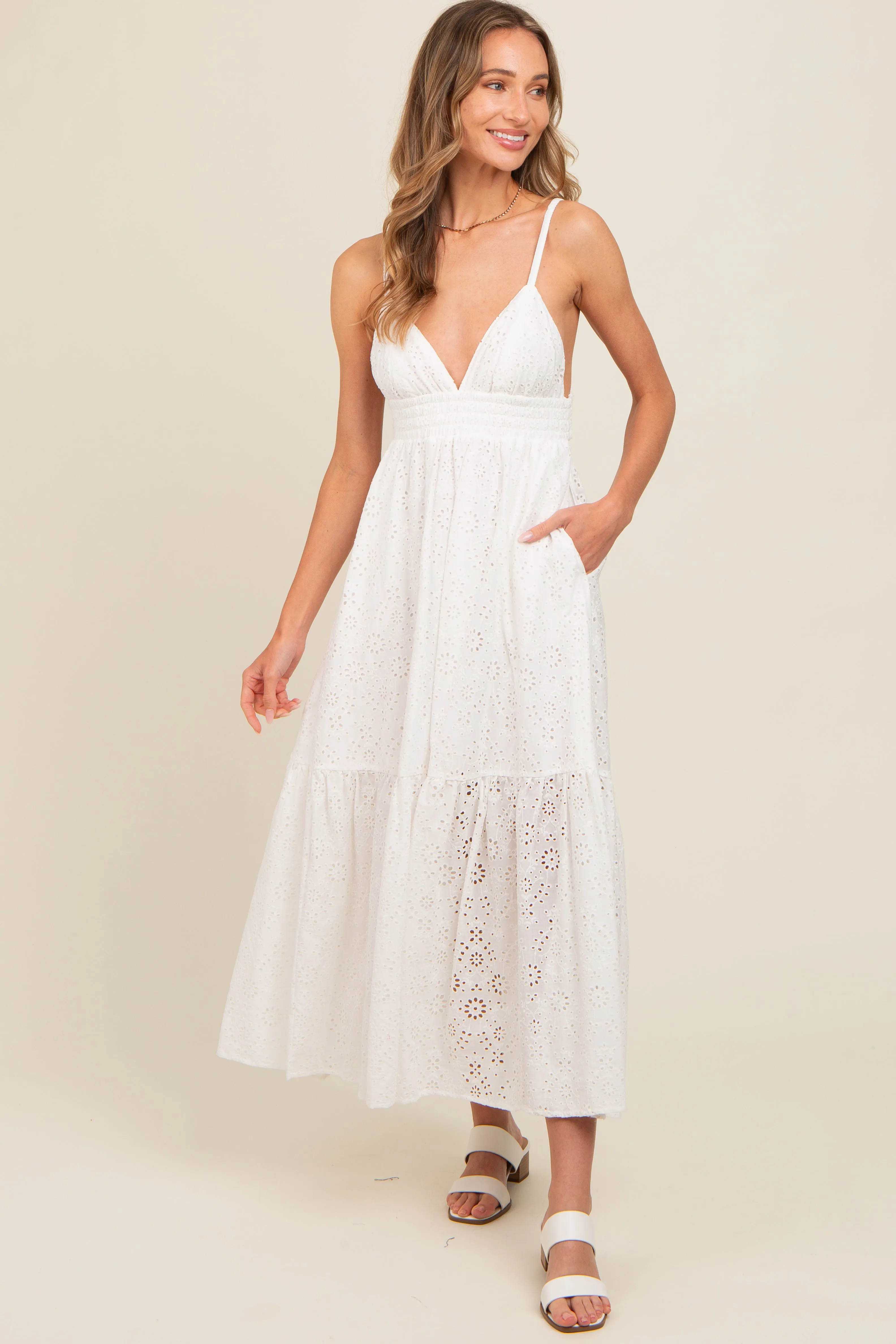 Ivory Eyelet Lace Smocked Cutout Maxi Dress sold by Pinkblush product image thumbnail 2