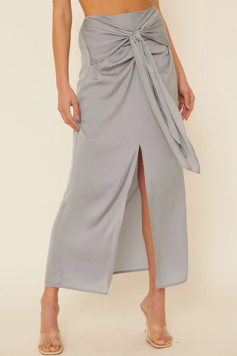 Faded Denim Woven Tie Waist Front Slit Straight Maxi Skirt sold by Pinkblush product image thumbnail 4