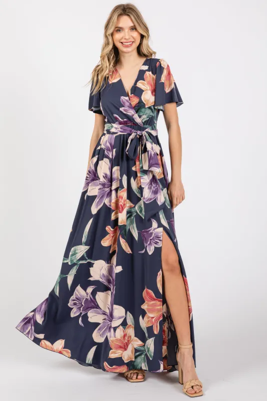 Navy Floral Wrap V-Neck Maxi Dress sold by Pinkblush