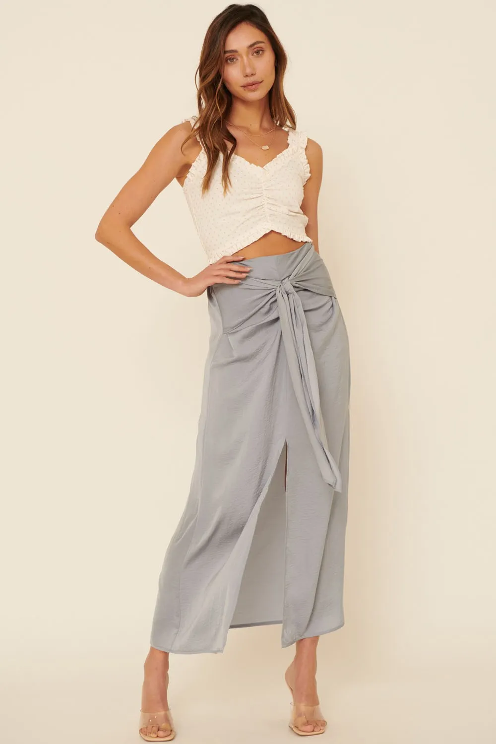 Faded Denim Woven Tie Waist Front Slit Straight Maxi Skirt sold by Pinkblush product image thumbnail 2