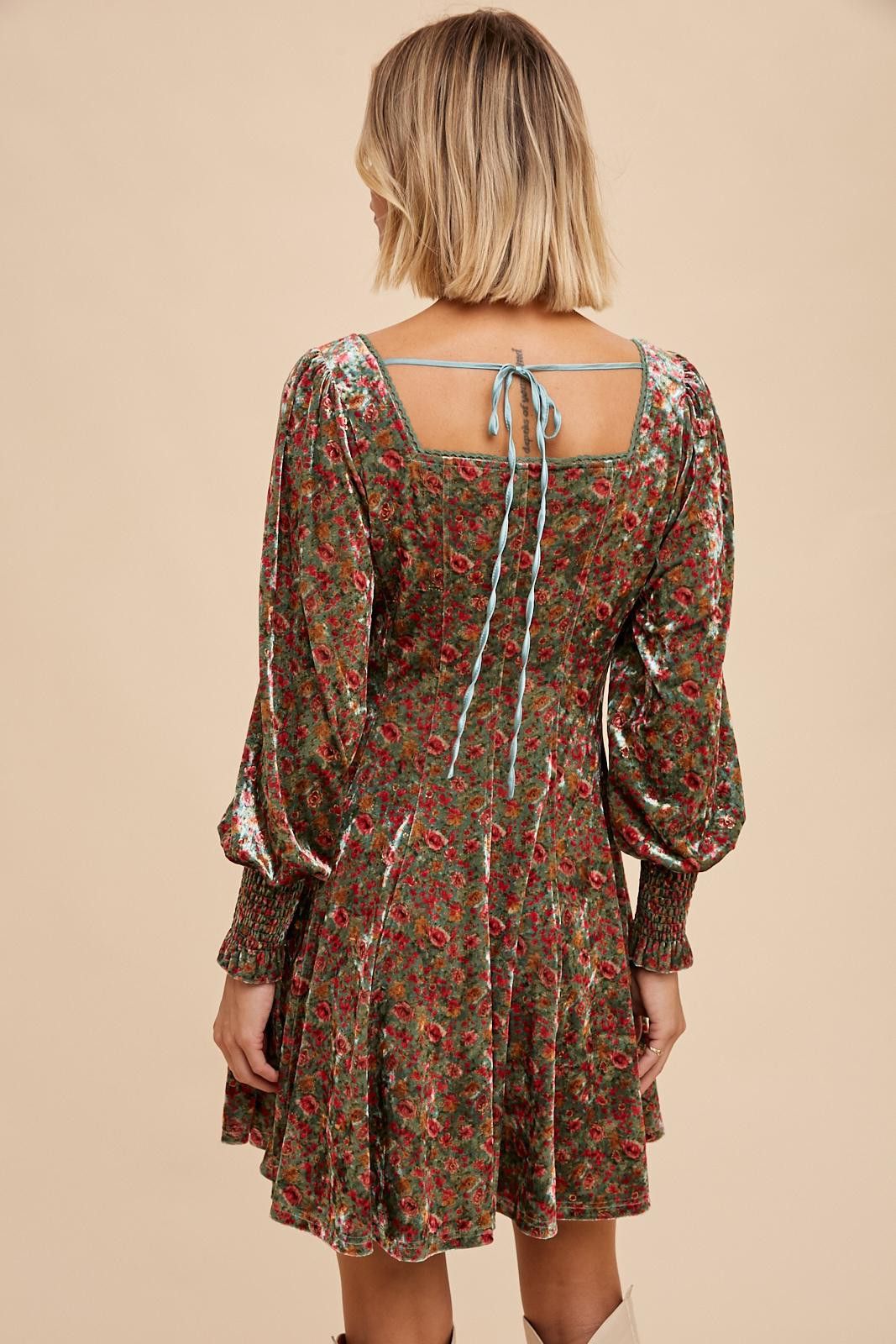 Emerald Floral Velvet Floral Square Neck Mini Dress sold by Pinkblush product image thumbnail 4