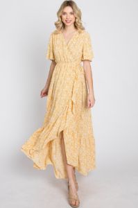 Yellow Floral Wrap Midi Dress sold by Pinkblush