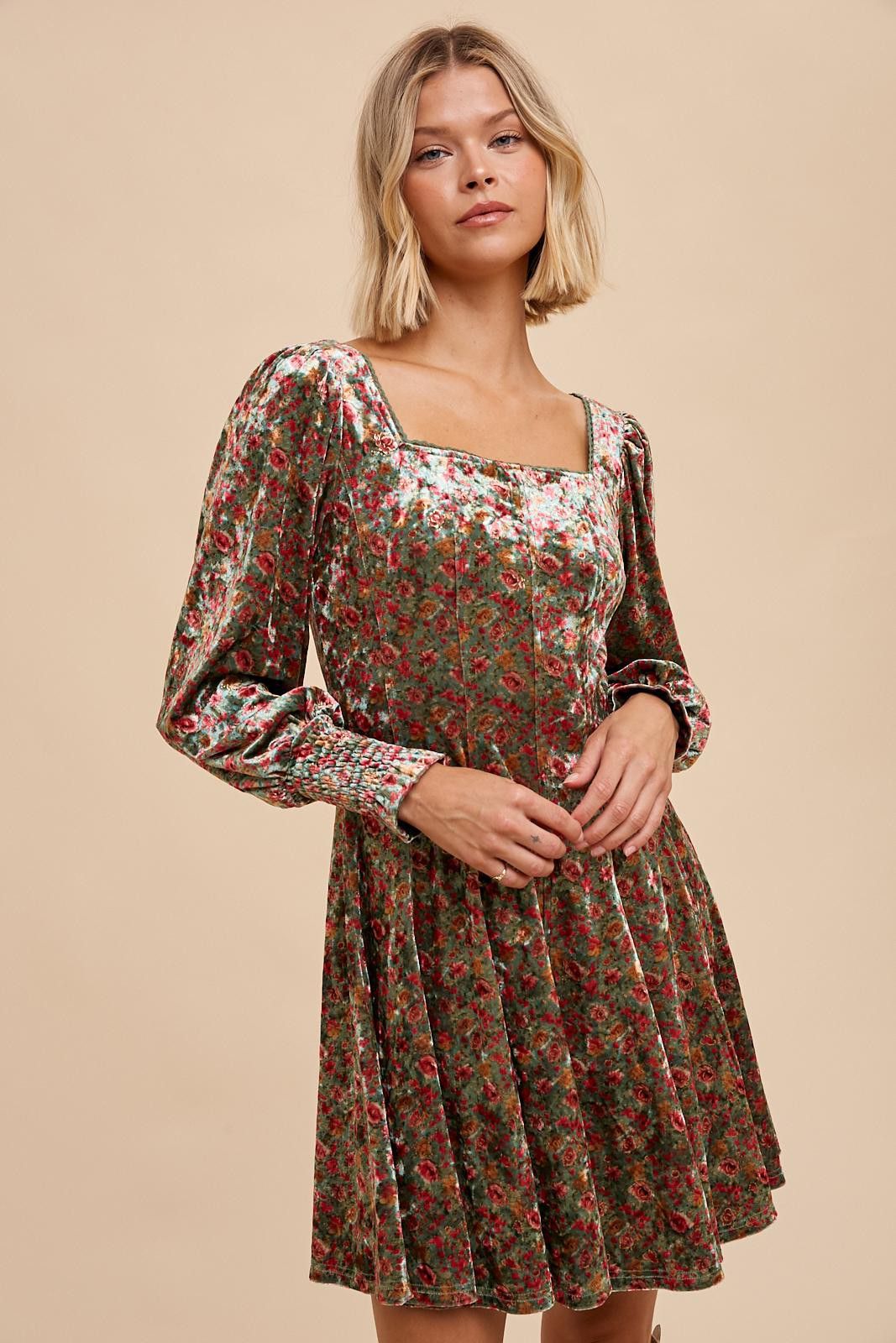 Emerald Floral Velvet Floral Square Neck Mini Dress sold by Pinkblush product image thumbnail 2