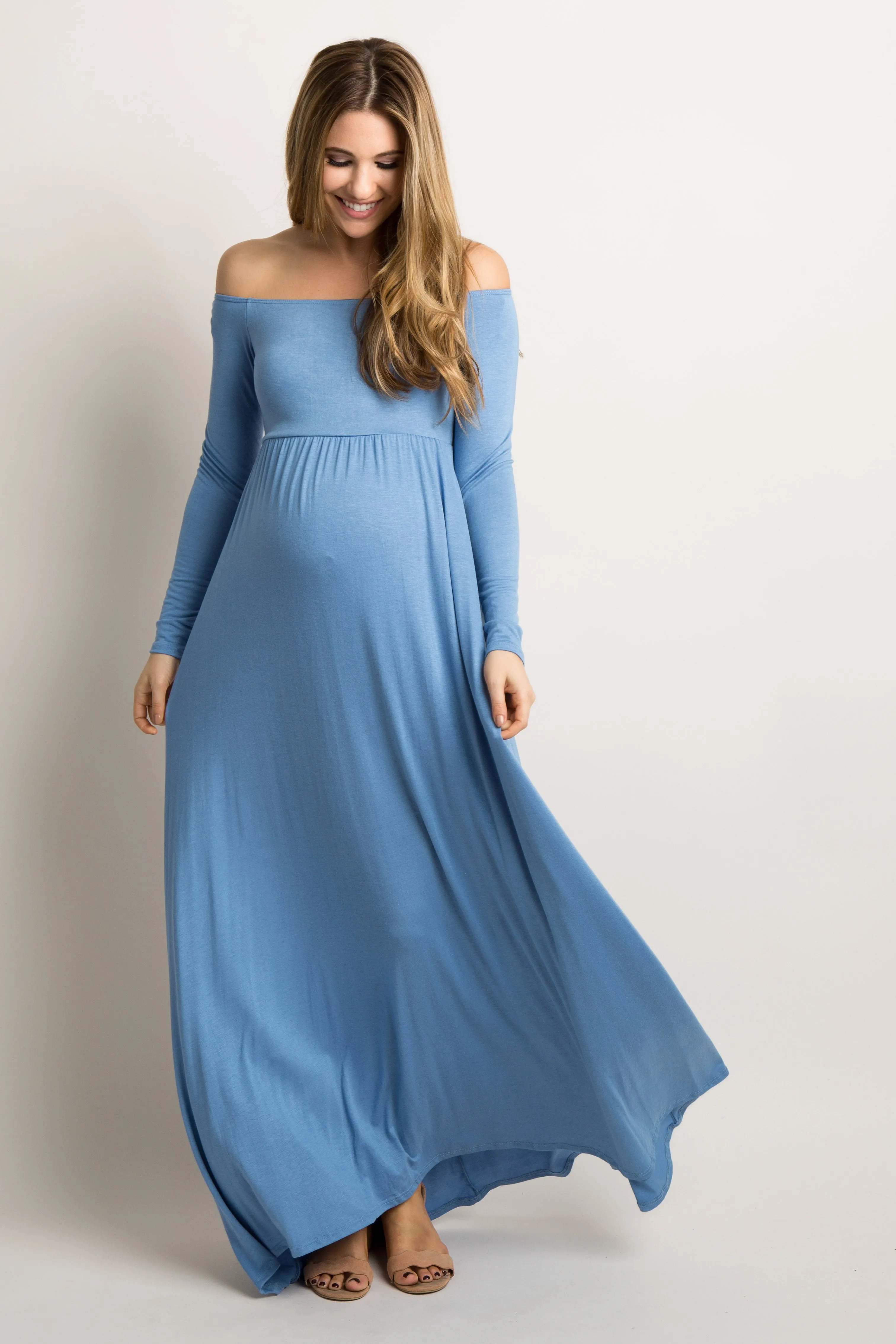 PinkBlush Petite Blue Solid Off Shoulder Maternity Maxi Dress sold by Pinkblush product image thumbnail 4