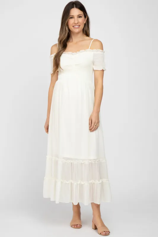 Cream Smocked Ruffle Off Shoulder Maternity Maxi Dress sold by Pinkblush