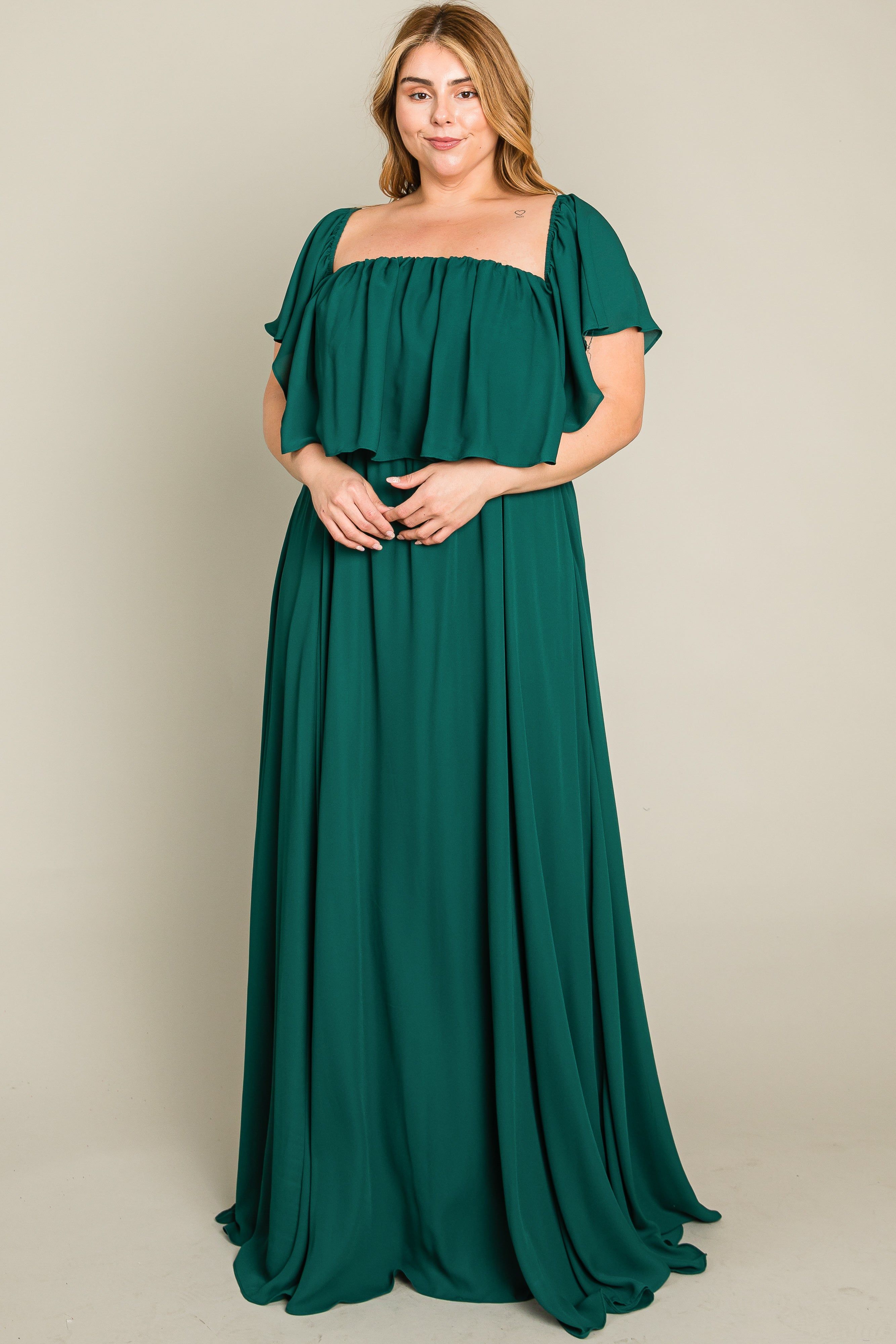 Forest Green Chiffon Off Shoulder Plus Gown sold by Pinkblush
