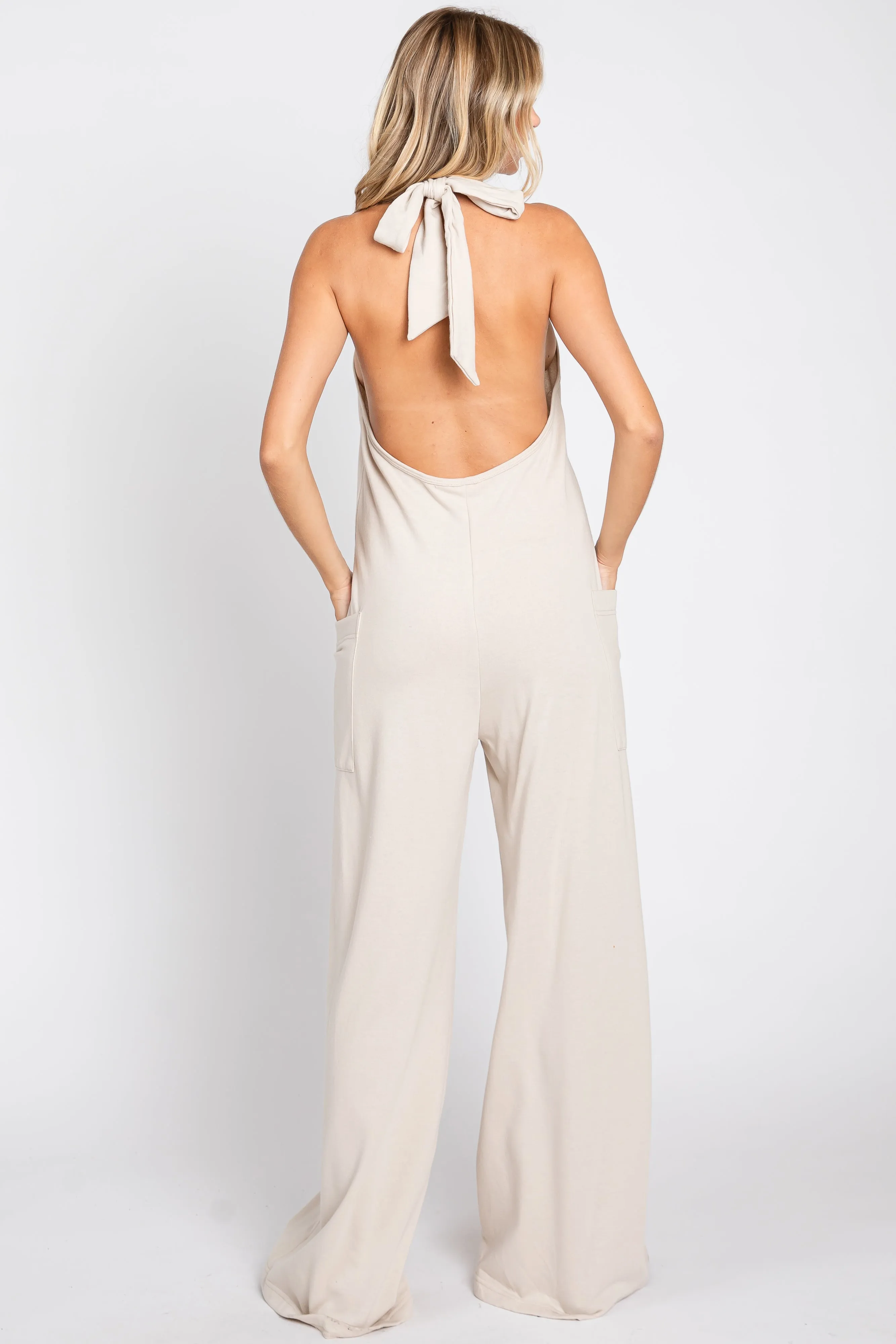 Beige Halter Front Pocket Knit Jumpsuit sold by Pinkblush product image thumbnail 3
