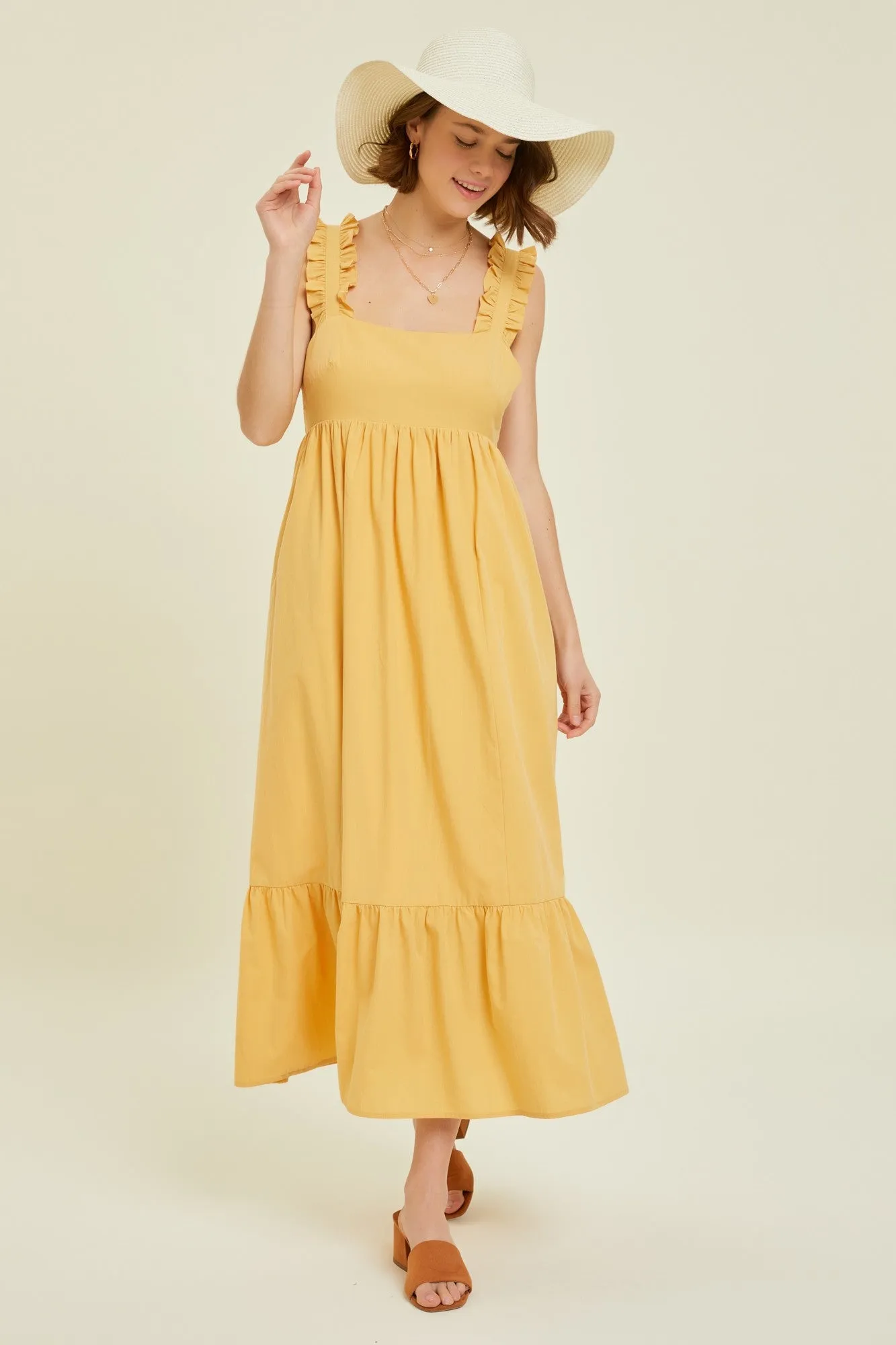 Yellow Ruffle Accent Back Tie Midi Dress sold by Pinkblush