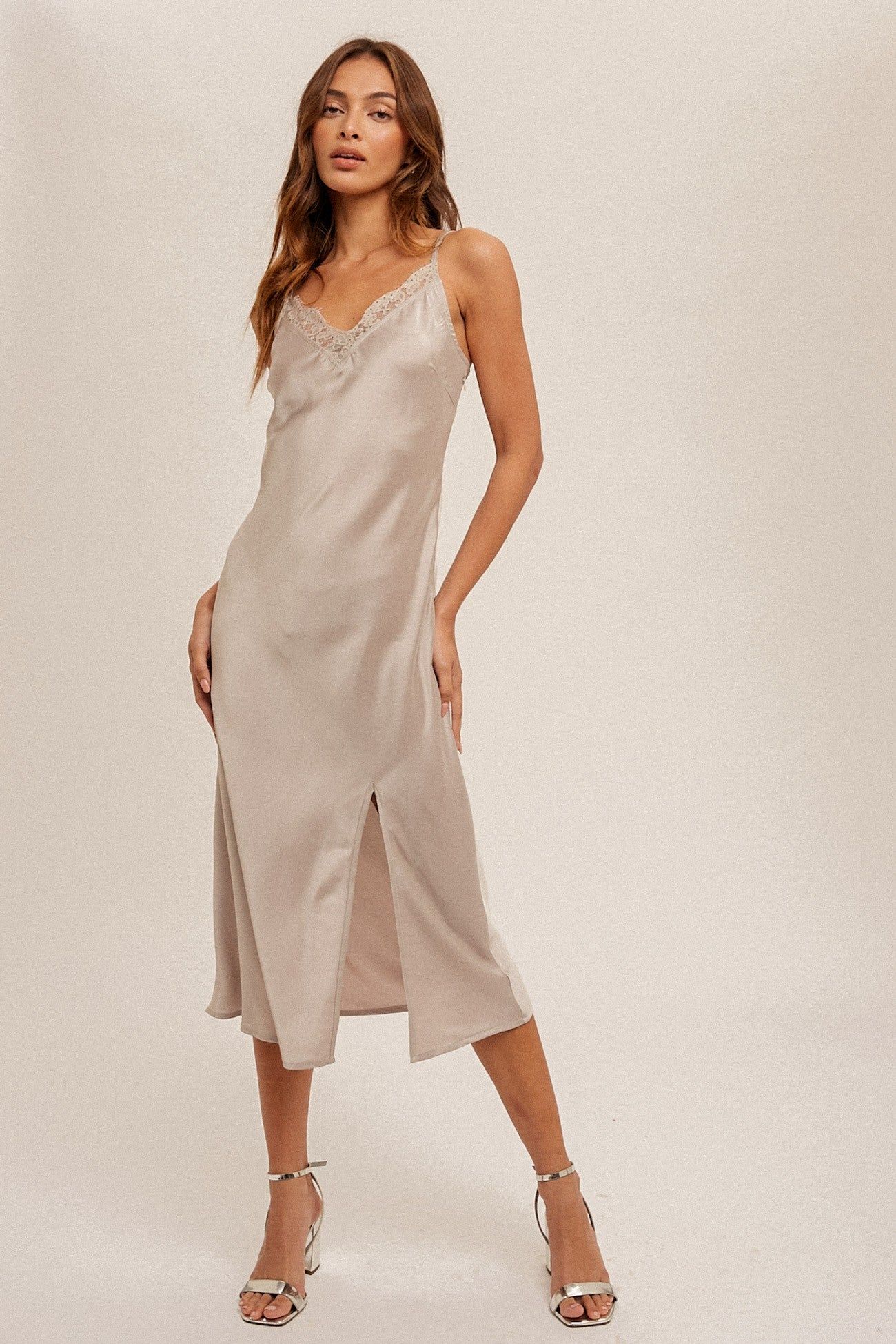 Champagne Lace Trim V Neck Satin Midi Slip Dress sold by Pinkblush