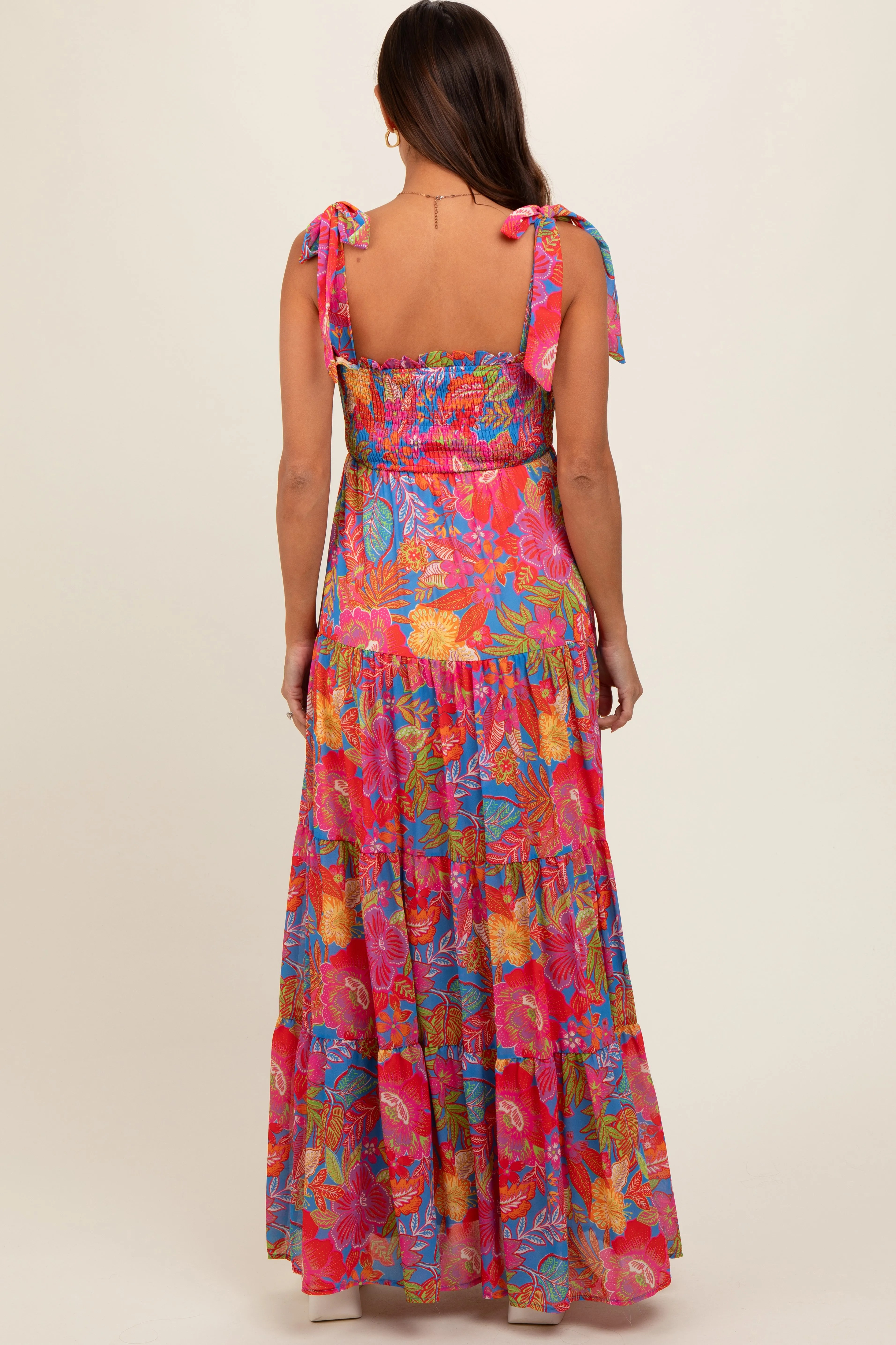 Magenta Floral Shoulder Tier Smocked Maternity Maxi Dress sold by Pinkblush product image thumbnail 4