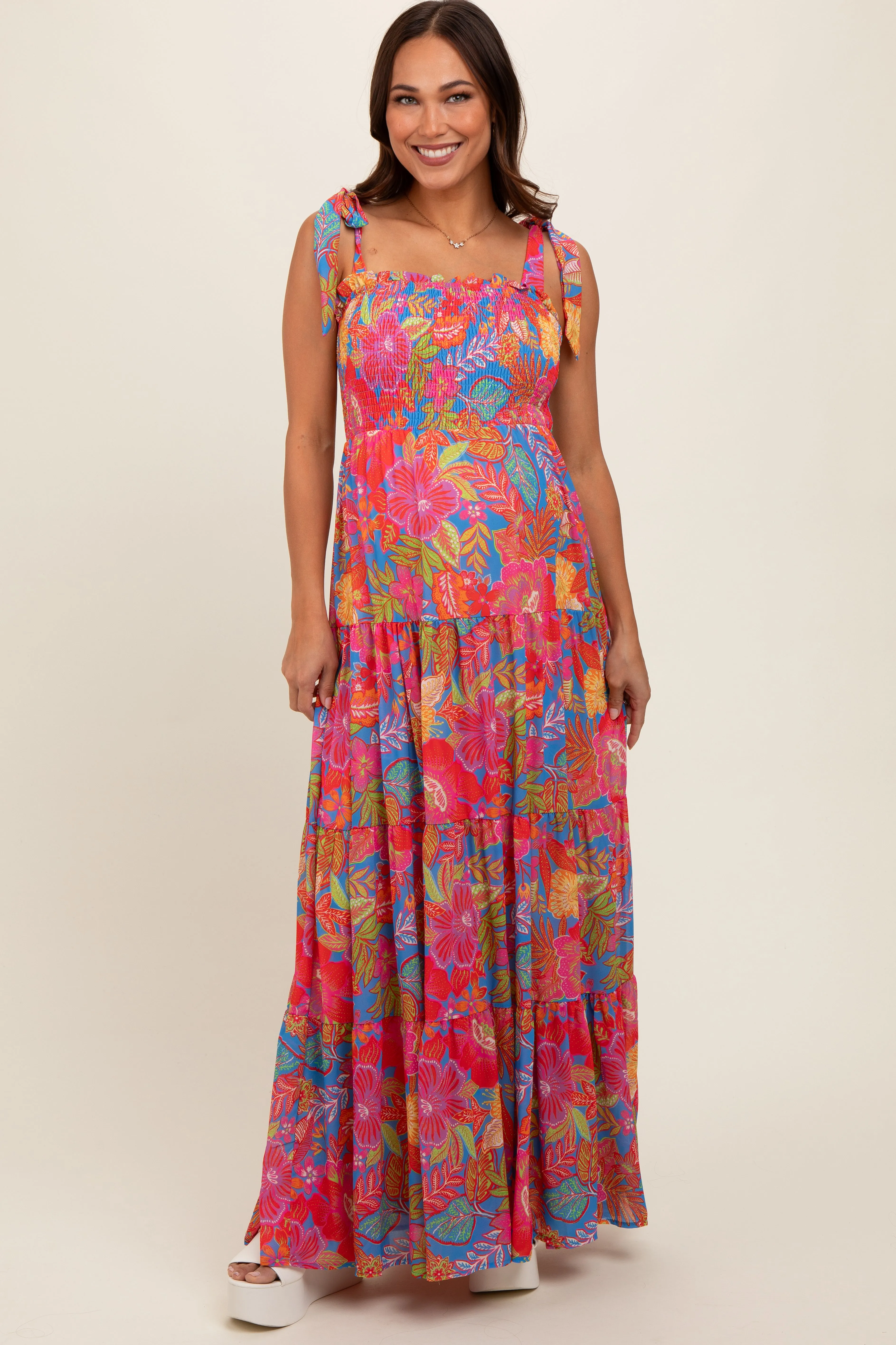 Magenta Floral Shoulder Tier Smocked Maternity Maxi Dress sold by Pinkblush