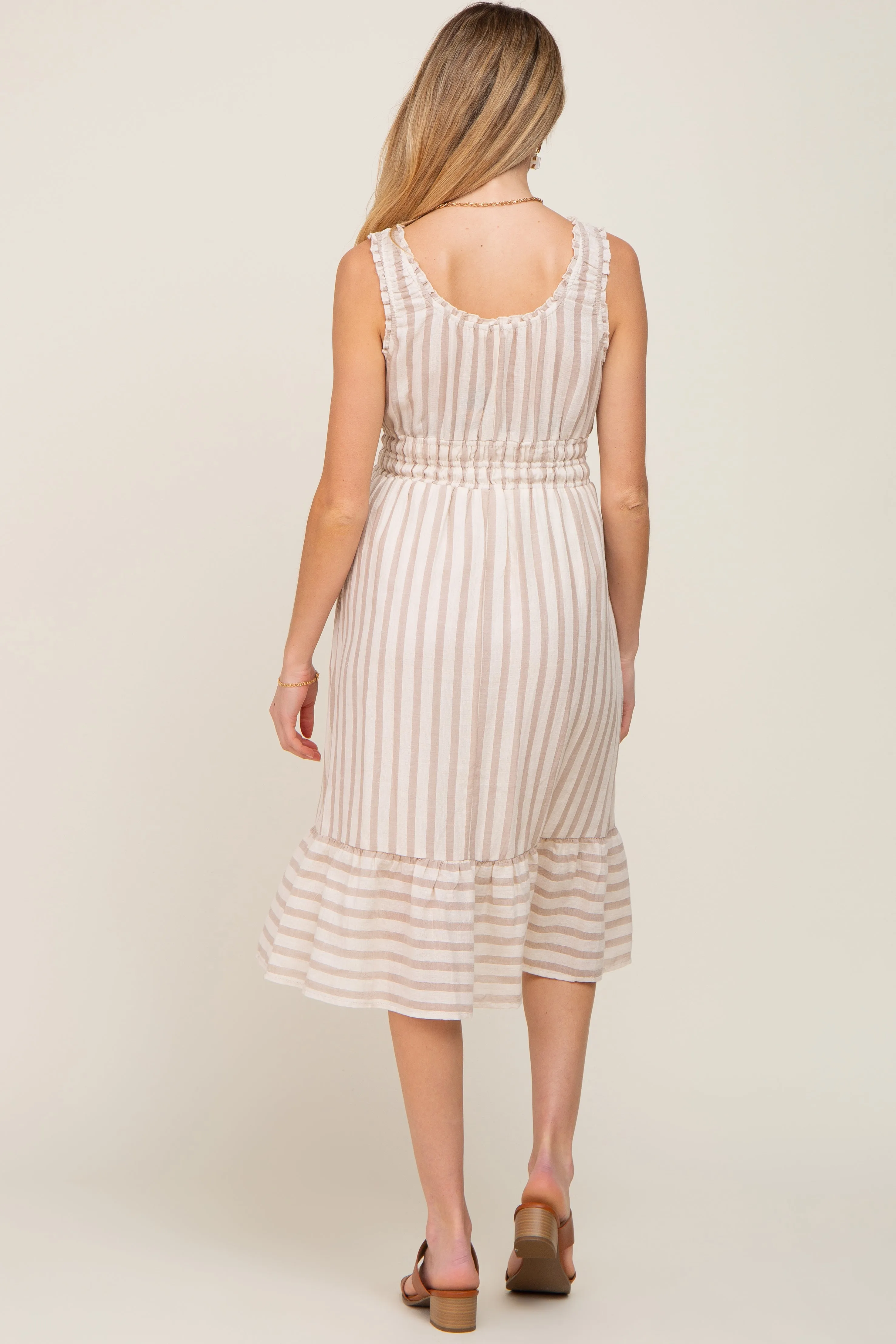Taupe Striped Sleeveless Ruffle Hem Maternity Midi Dress sold by Pinkblush product image thumbnail 3