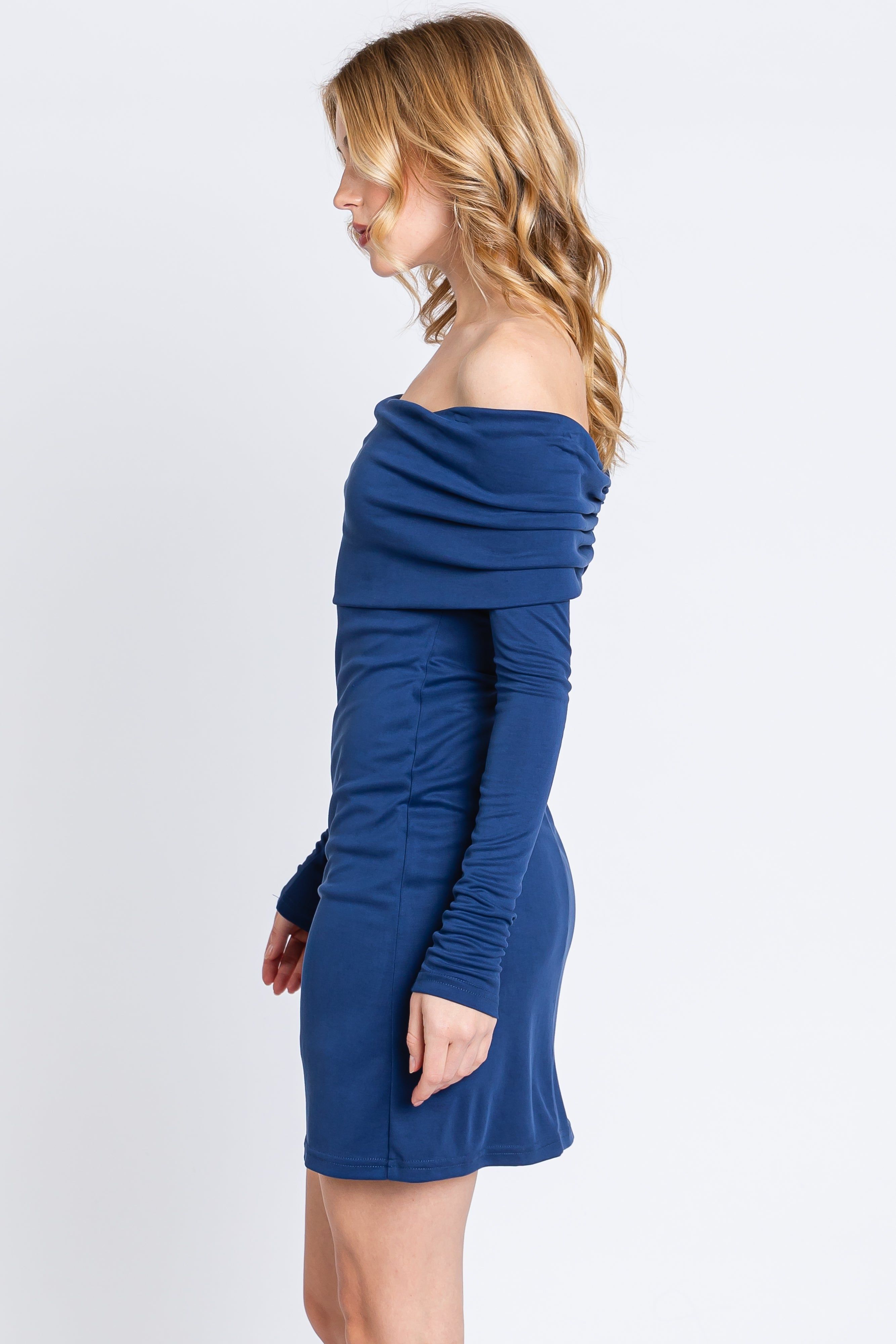 Navy Blue Foldover Off Shoulder Long Sleeve Dress sold by Pinkblush product image thumbnail 2