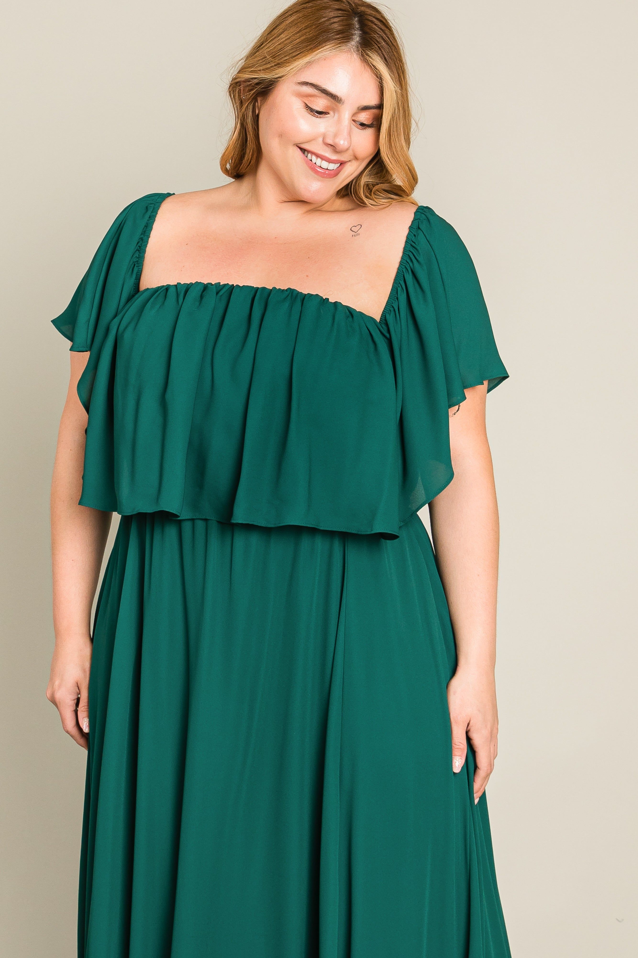 Forest Green Chiffon Off Shoulder Plus Gown sold by Pinkblush product image thumbnail 5