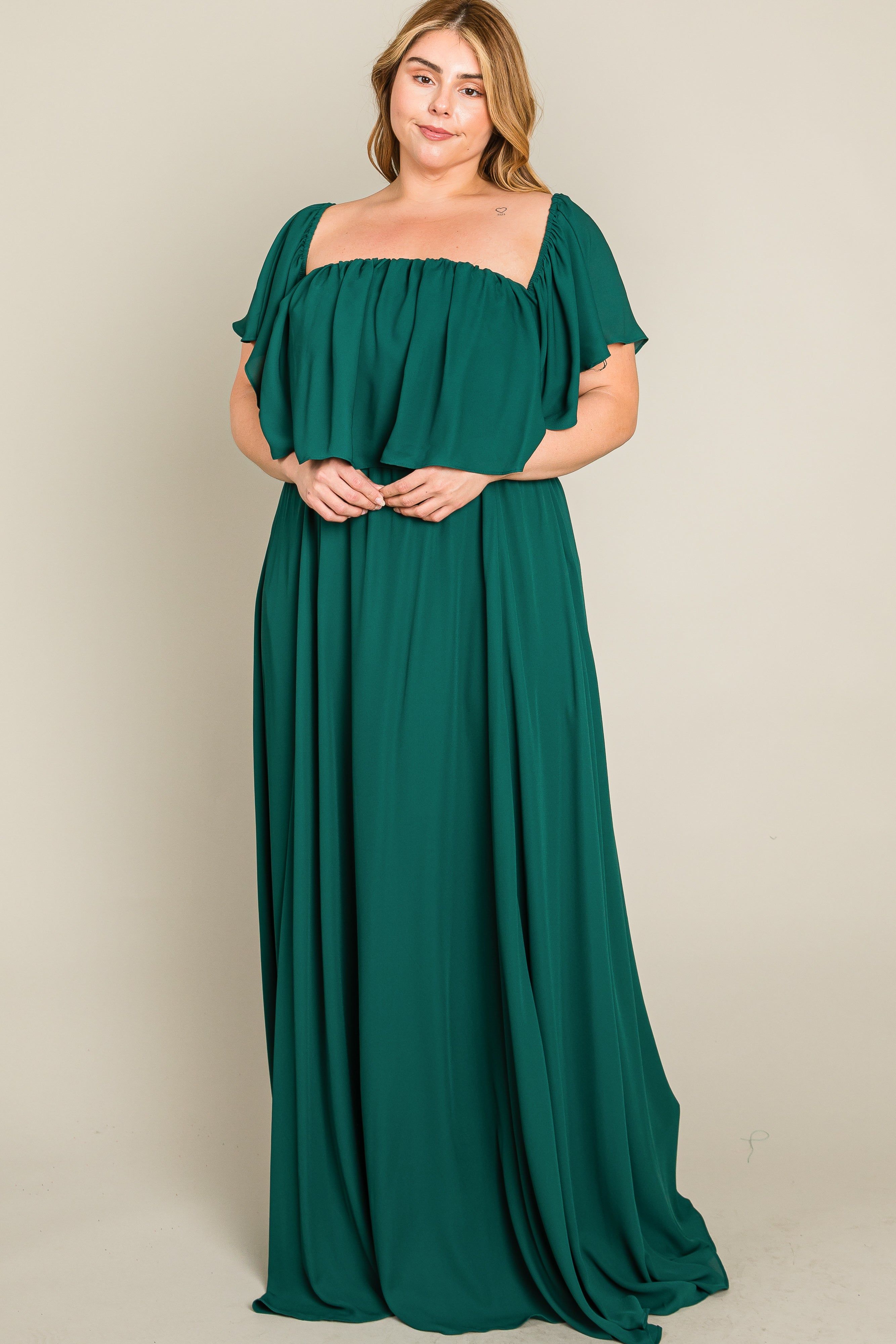 Forest Green Chiffon Off Shoulder Plus Gown sold by Pinkblush product image thumbnail 2