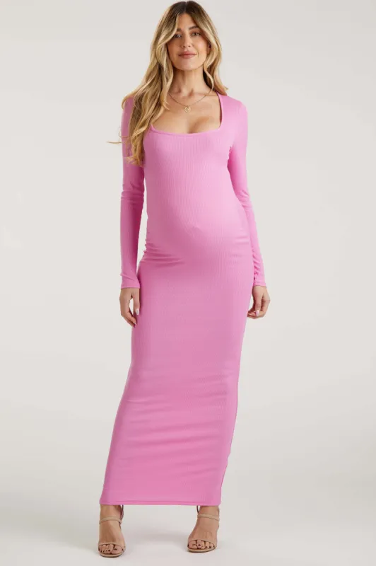 Pink Ribbed Long Sleeve Square Neck Maternity Maxi Dress sold by Pinkblush